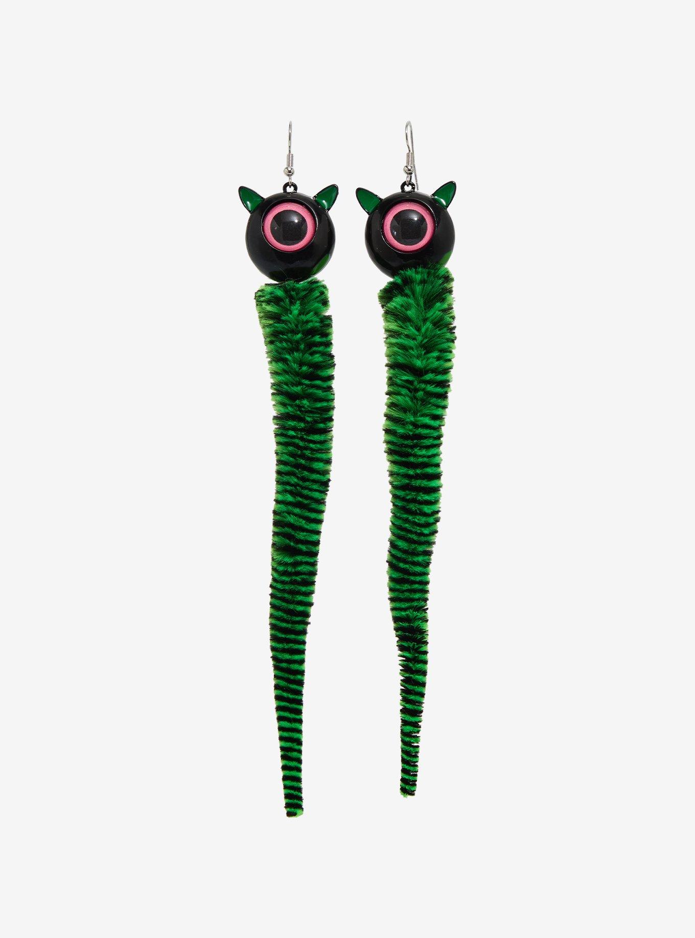 Green Monster Fuzzy Worm Drop Earrings, , hi-res