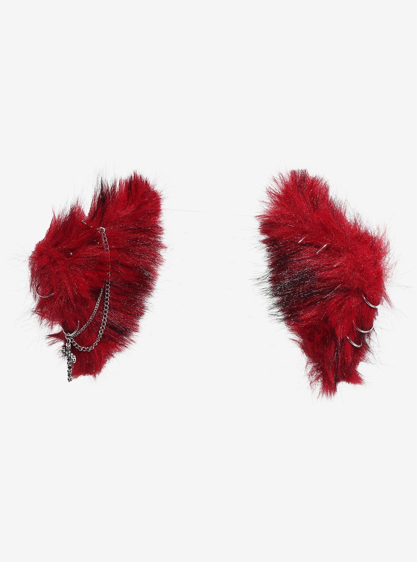 Black & Red Pierced Chain Fuzzy Cat Ear Hair Clips, , hi-res