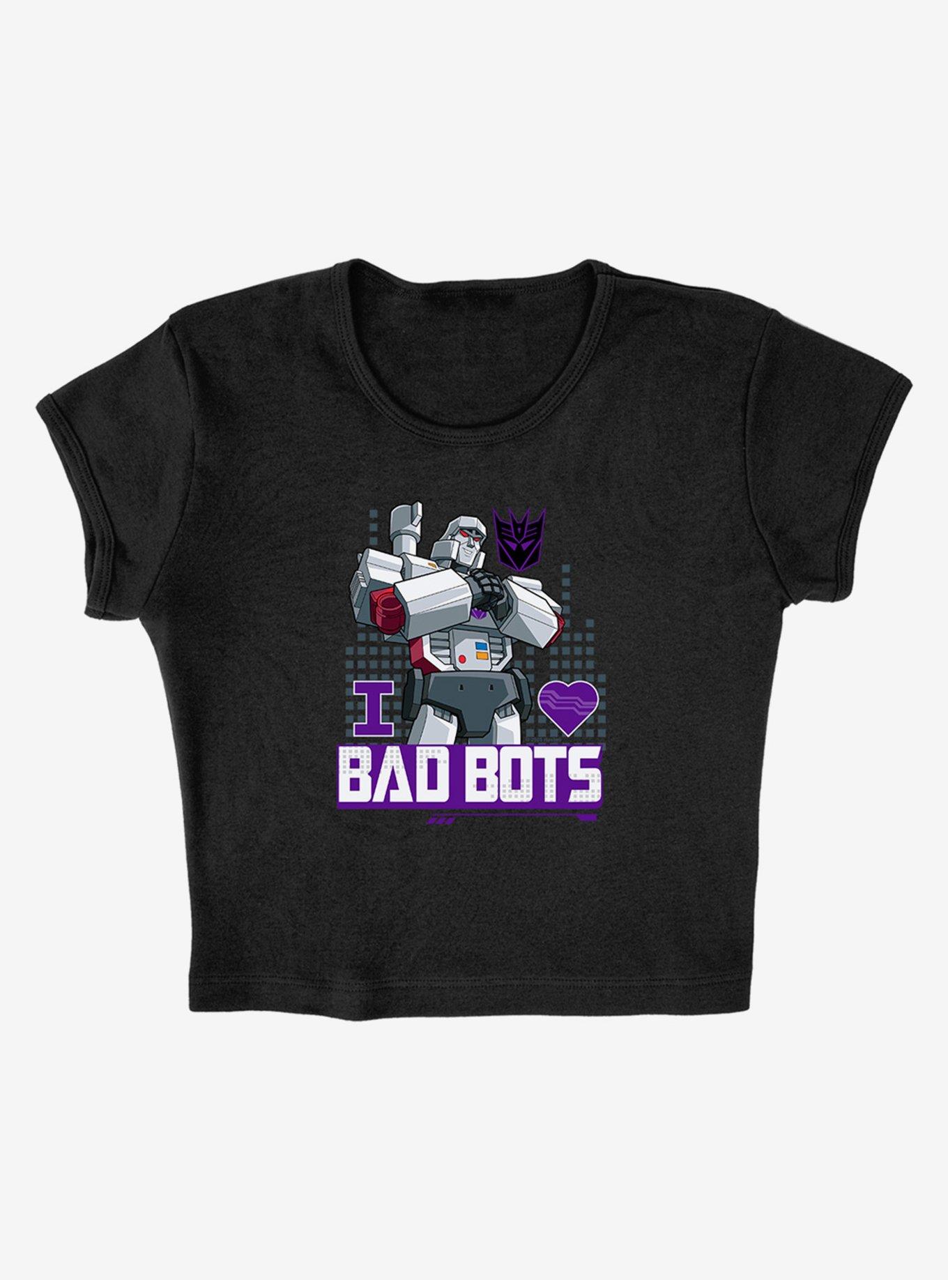 Transformers Megatron I Love Bad Bots Cap Sleeve Baby Rib Women's Crop Top, BLACK, alternate