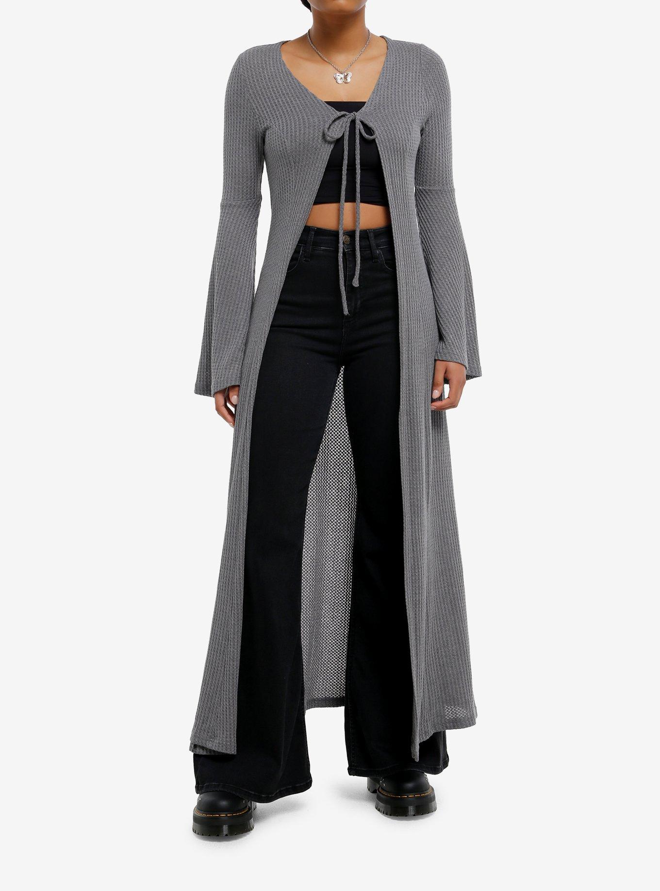 Daisy Street Grey Waffle Knit Bell Sleeve Tie-Front Duster, , hi-res