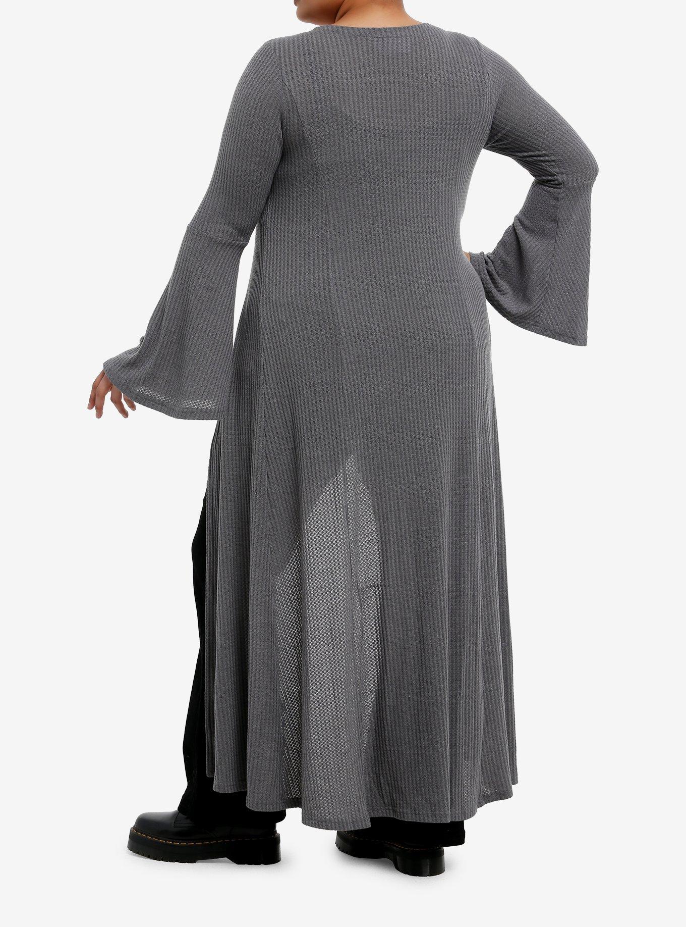 Daisy Street Grey Waffle Knit Bell Sleeve Tie-Front Duster Plus Size, , hi-res