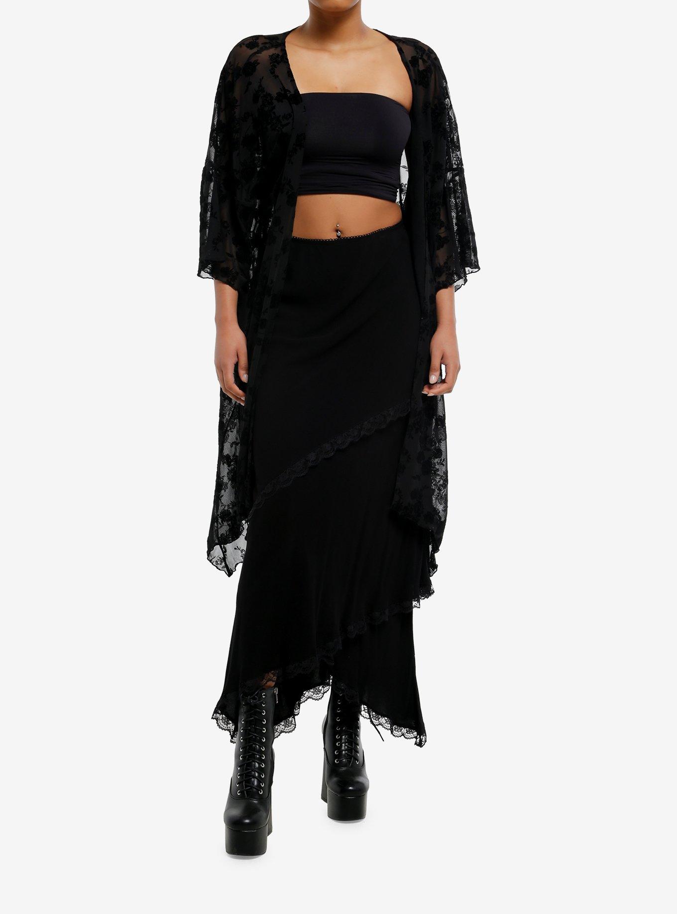 Black Floral Flocked Sharkbite Duster, , hi-res