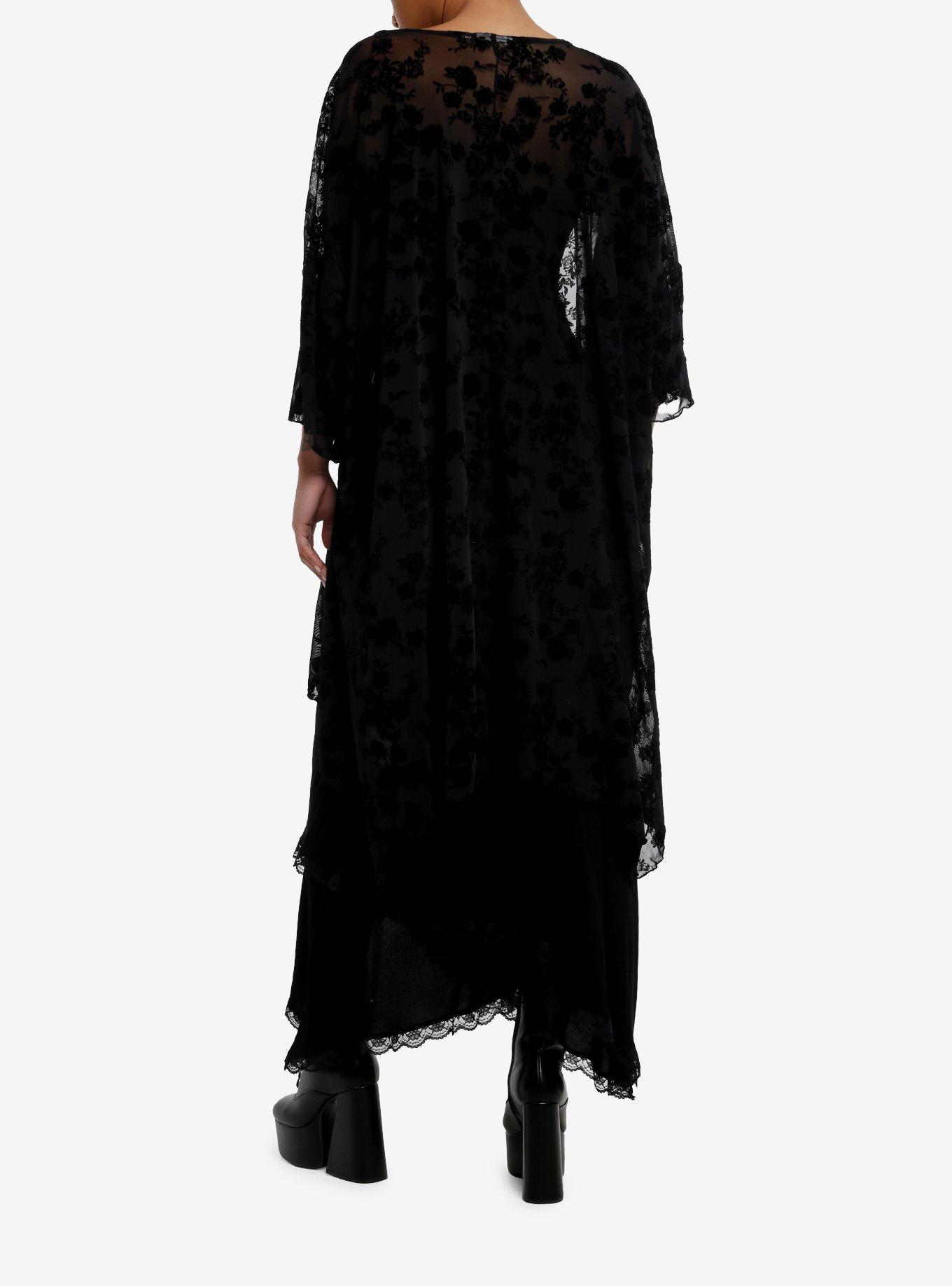 Black Floral Flocked Sharkbite Duster, BLACK, alternate