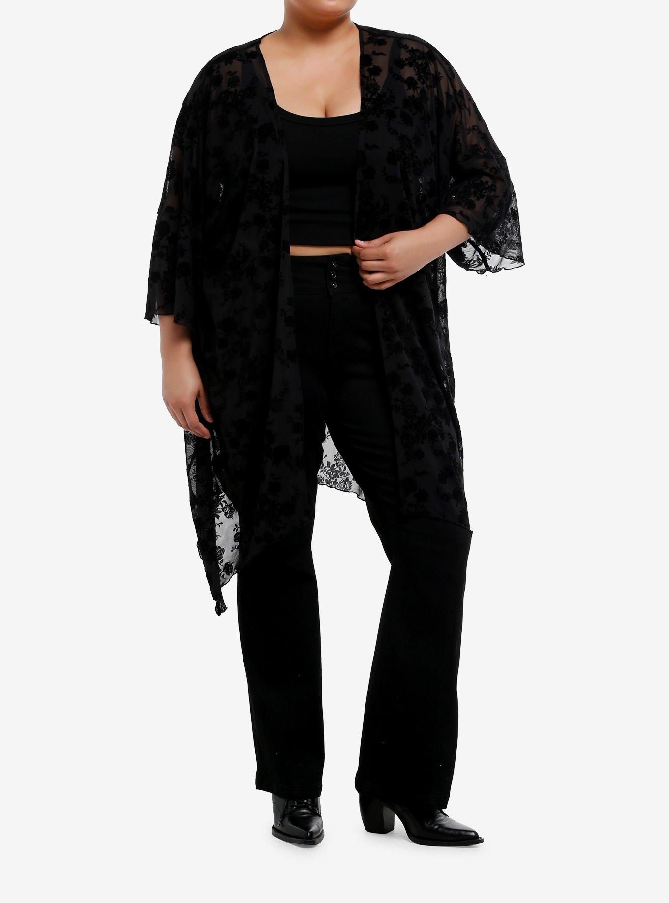 Black Floral Flocked Sharkbite Duster Plus Size, , hi-res