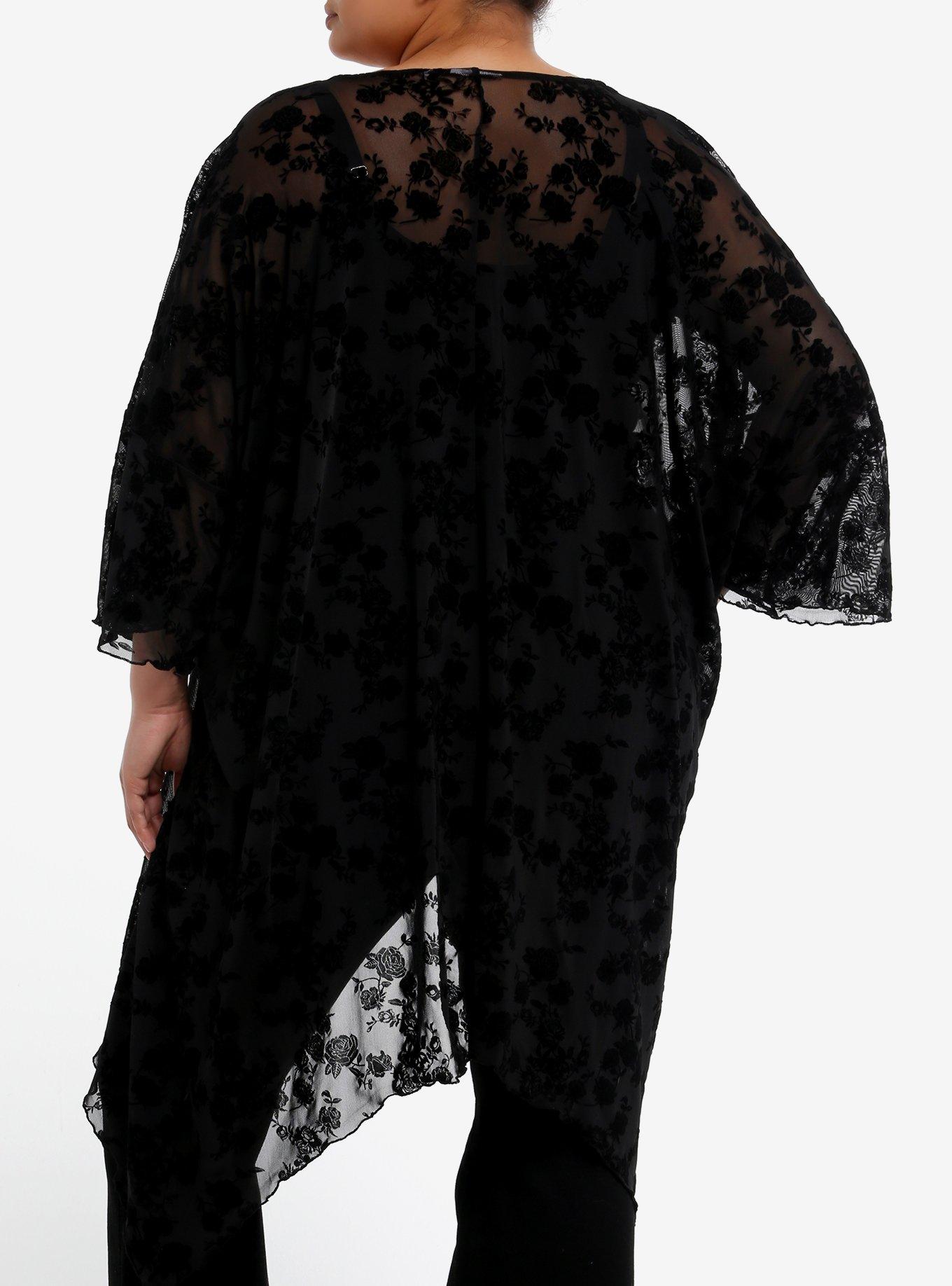 Black Floral Flocked Sharkbite Duster Plus Size, BLACK, alternate