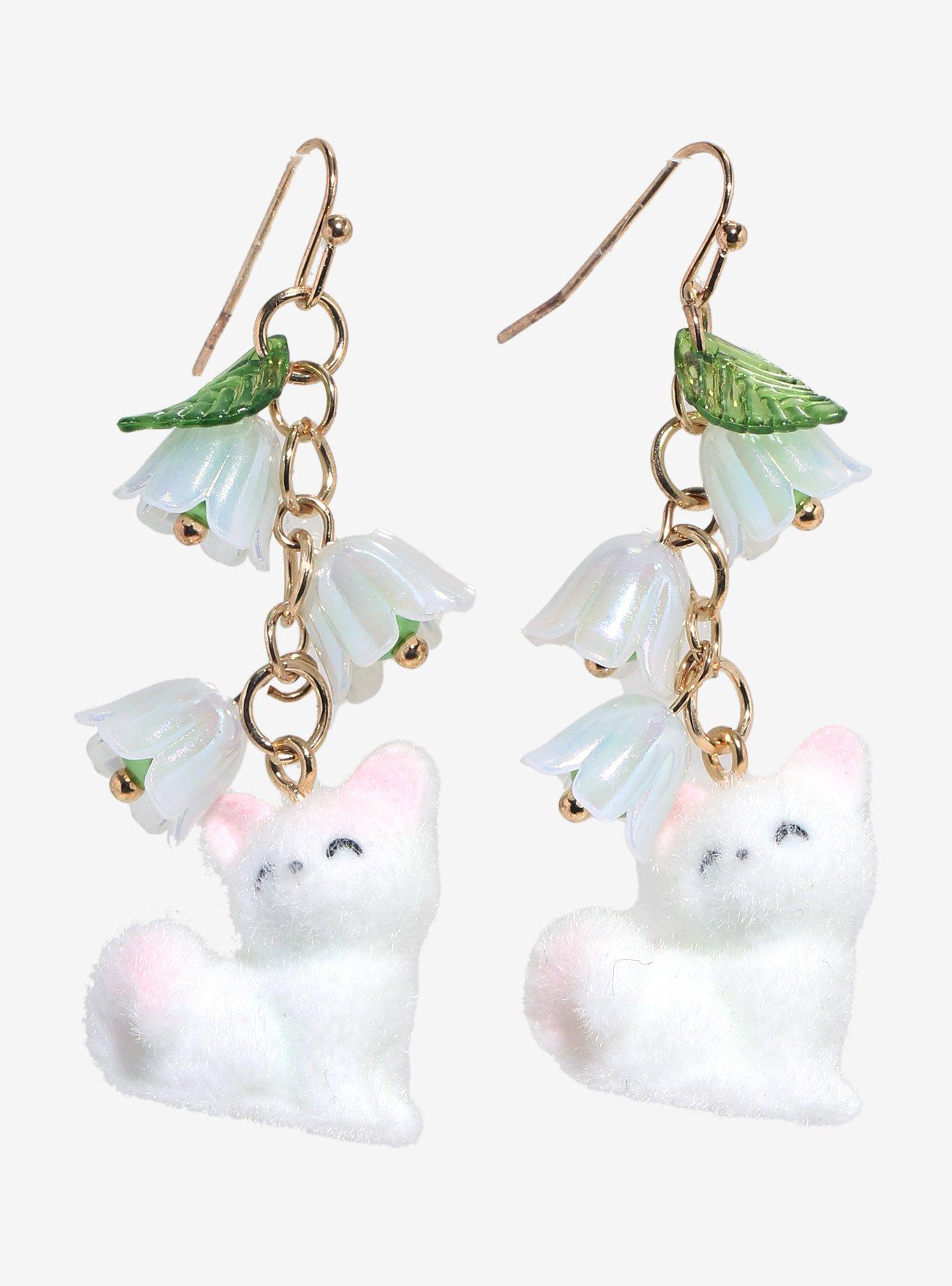 Thorn & Fable Flower White Flocked Cat Earrings, , hi-res