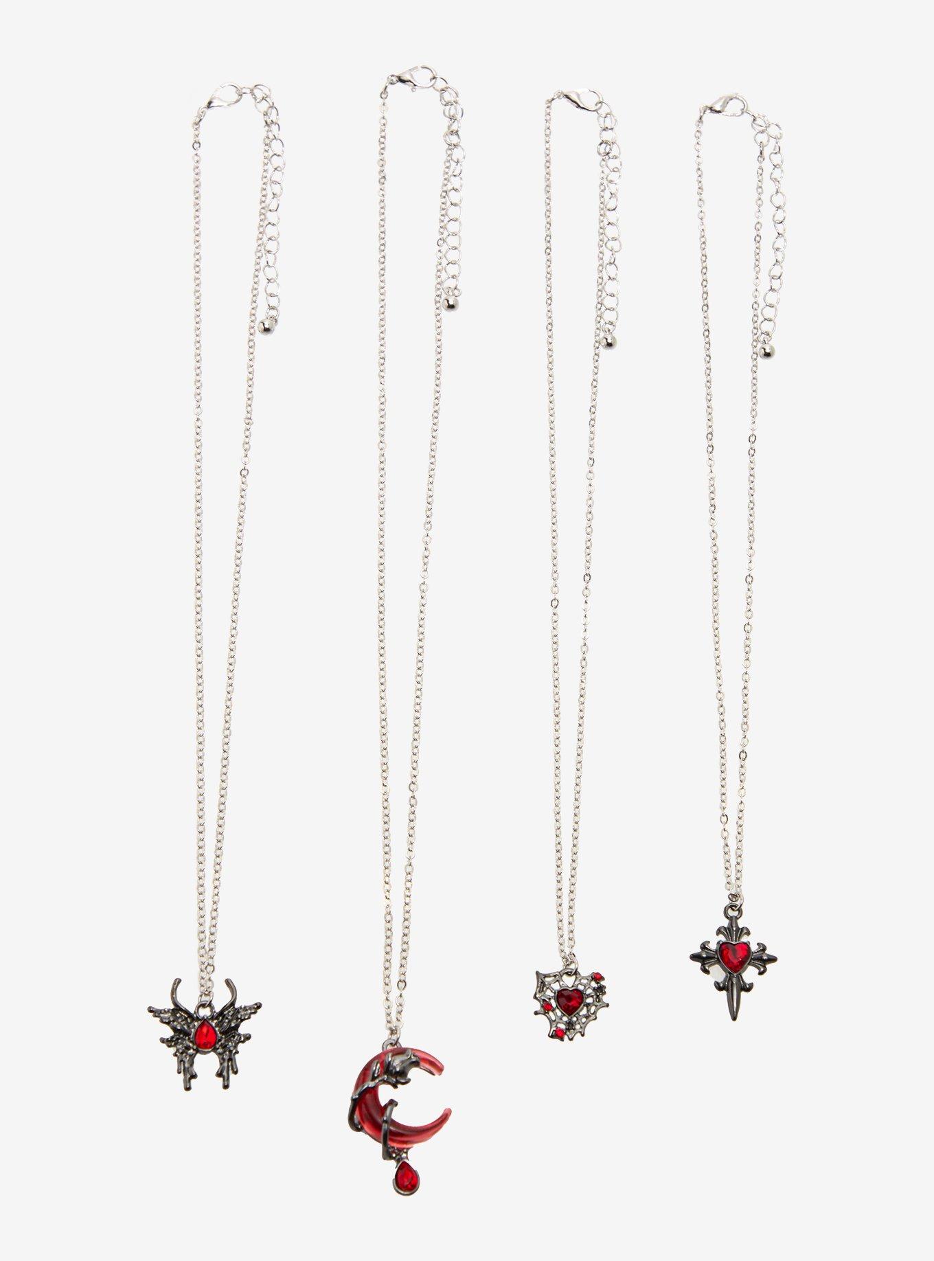 Red Gothic Moon Cross Butterfly Necklace Set, , hi-res