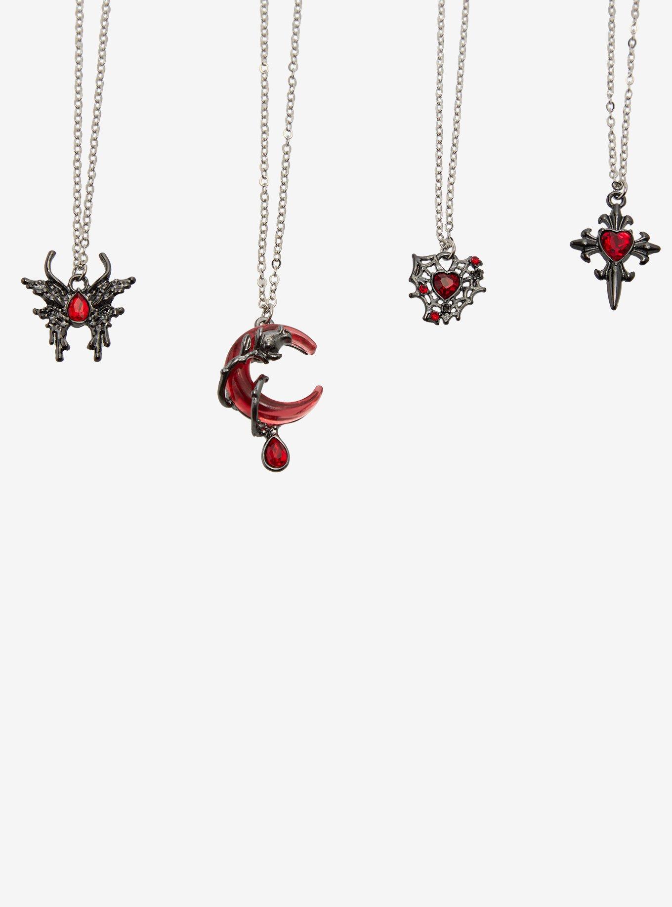 Red Gothic Moon Cross Butterfly Necklace Set, , alternate