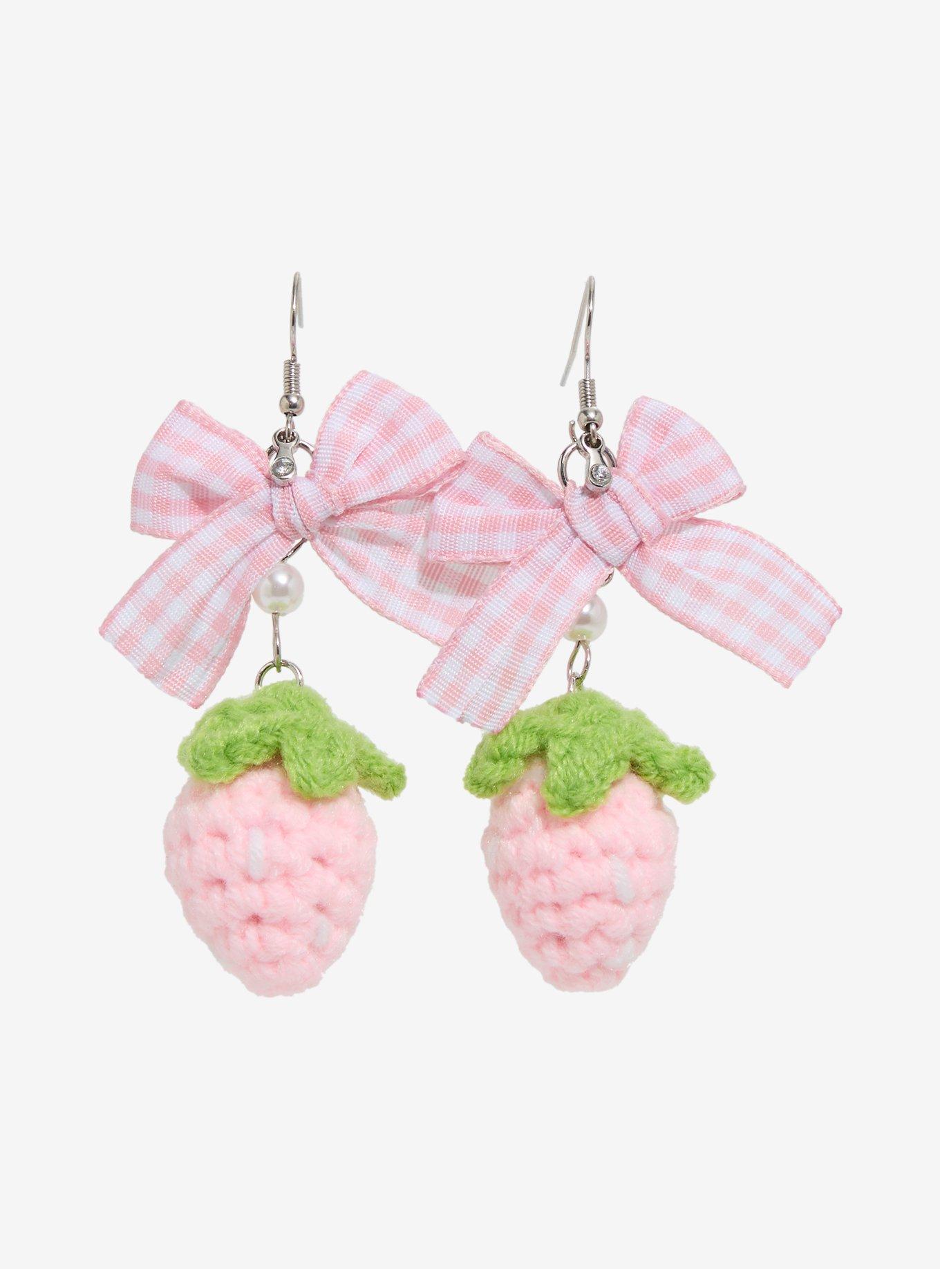 Sweet Society Pink Bow Crochet Strawberry Drop Earrings, , hi-res