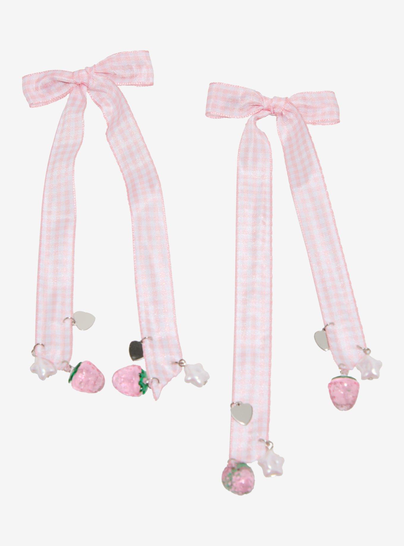 Sweet Society Pink Gingham Strawberry Charm Hair Bow Set, , hi-res