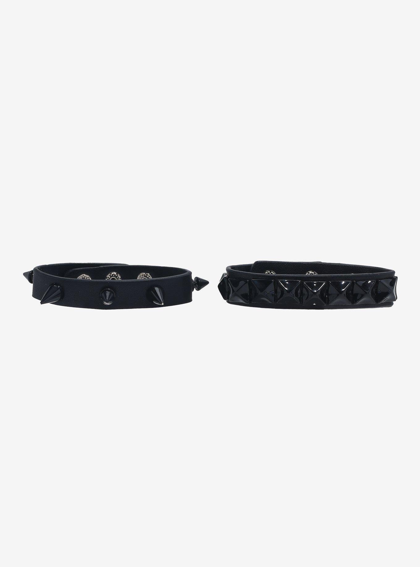 Black Pyramid Stud Spike Faux Leather Bracelet Set, , hi-res