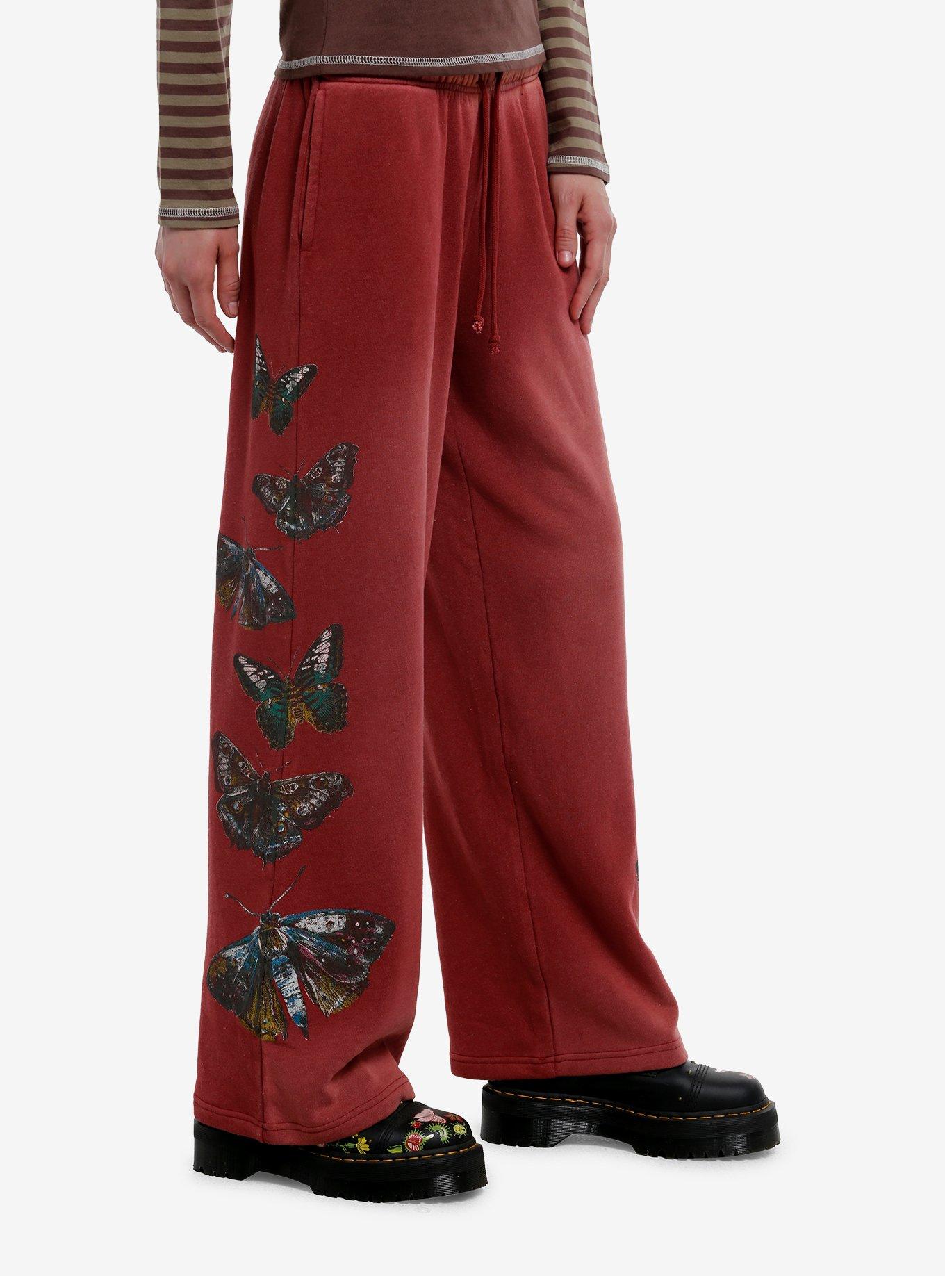 Thorn & Fable Butterfly Mineral Wash Wide Leg Lounge Pants, BURGUNDY, alternate