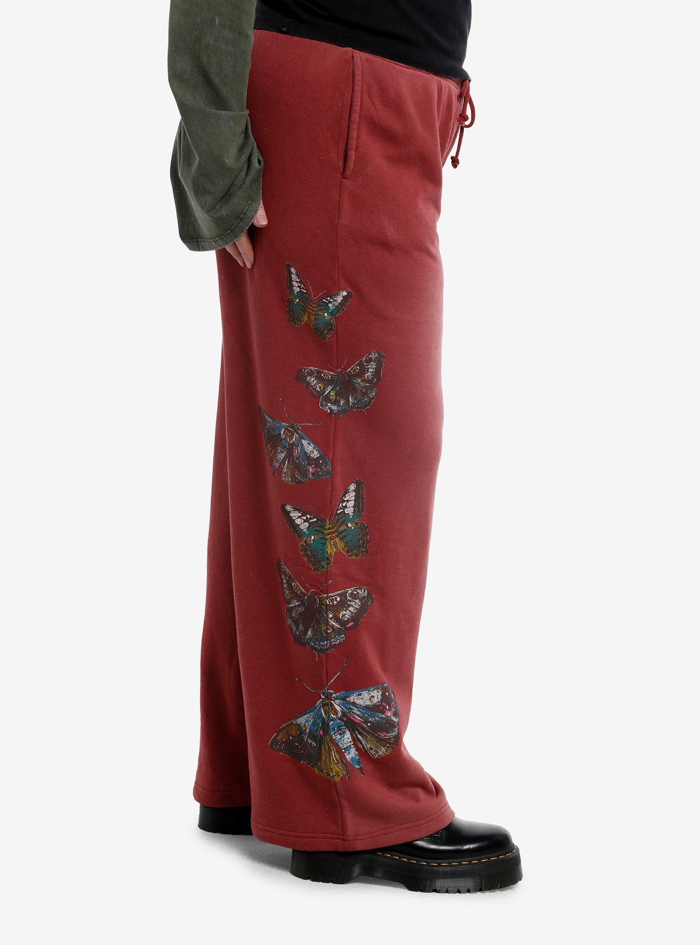 Thorn & Fable Butterfly Mineral Wash Wide Leg Lounge Pants Plus Size, BURGUNDY, alternate