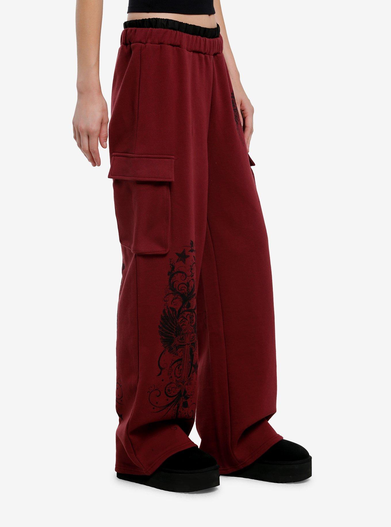 Skull Cross Wings Double Waist Girls Lounge Pants, MAROON, alternate