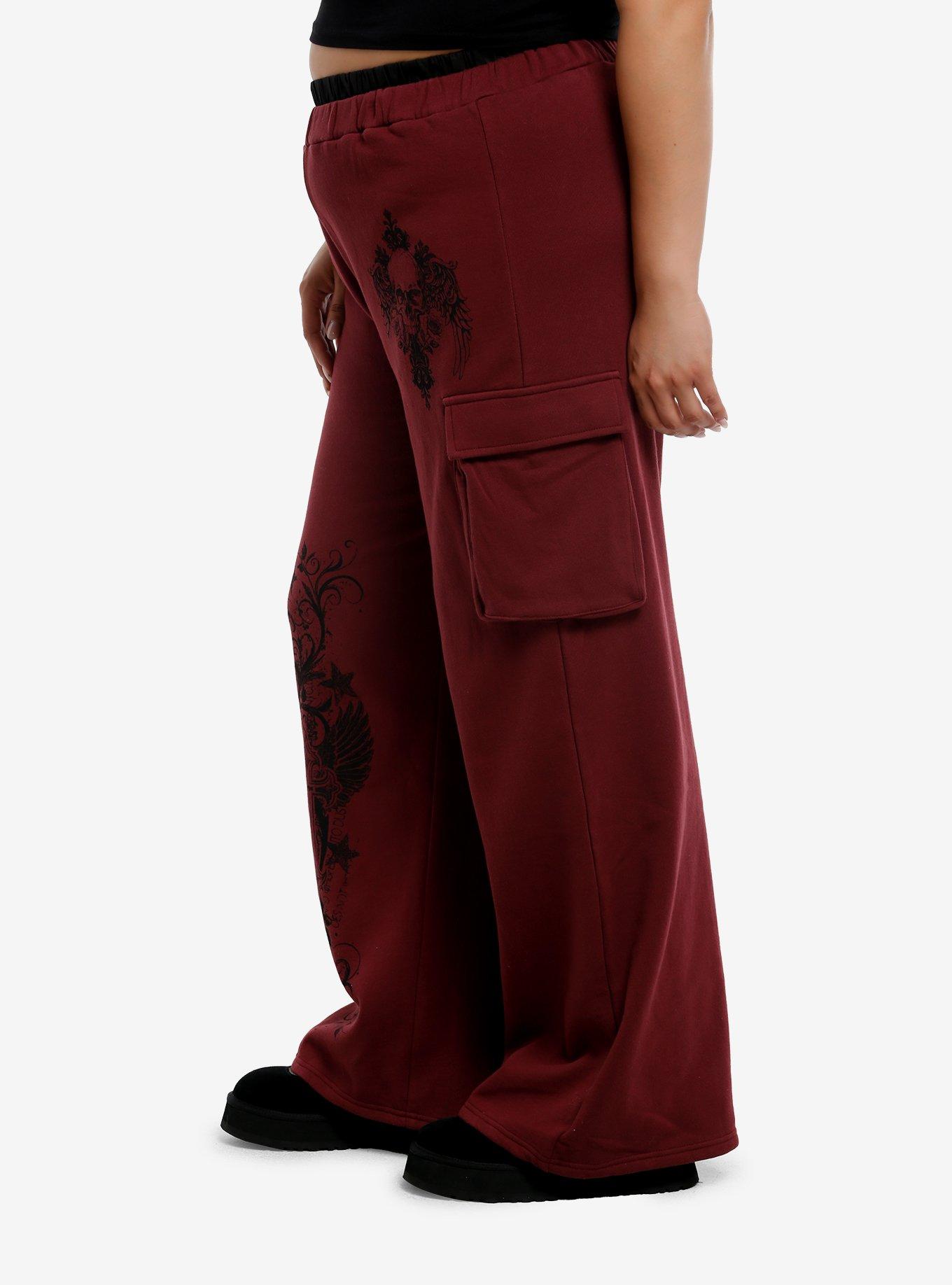 Skull Cross Wings Double Waist Girls Lounge Pants Plus Size, MAROON, alternate