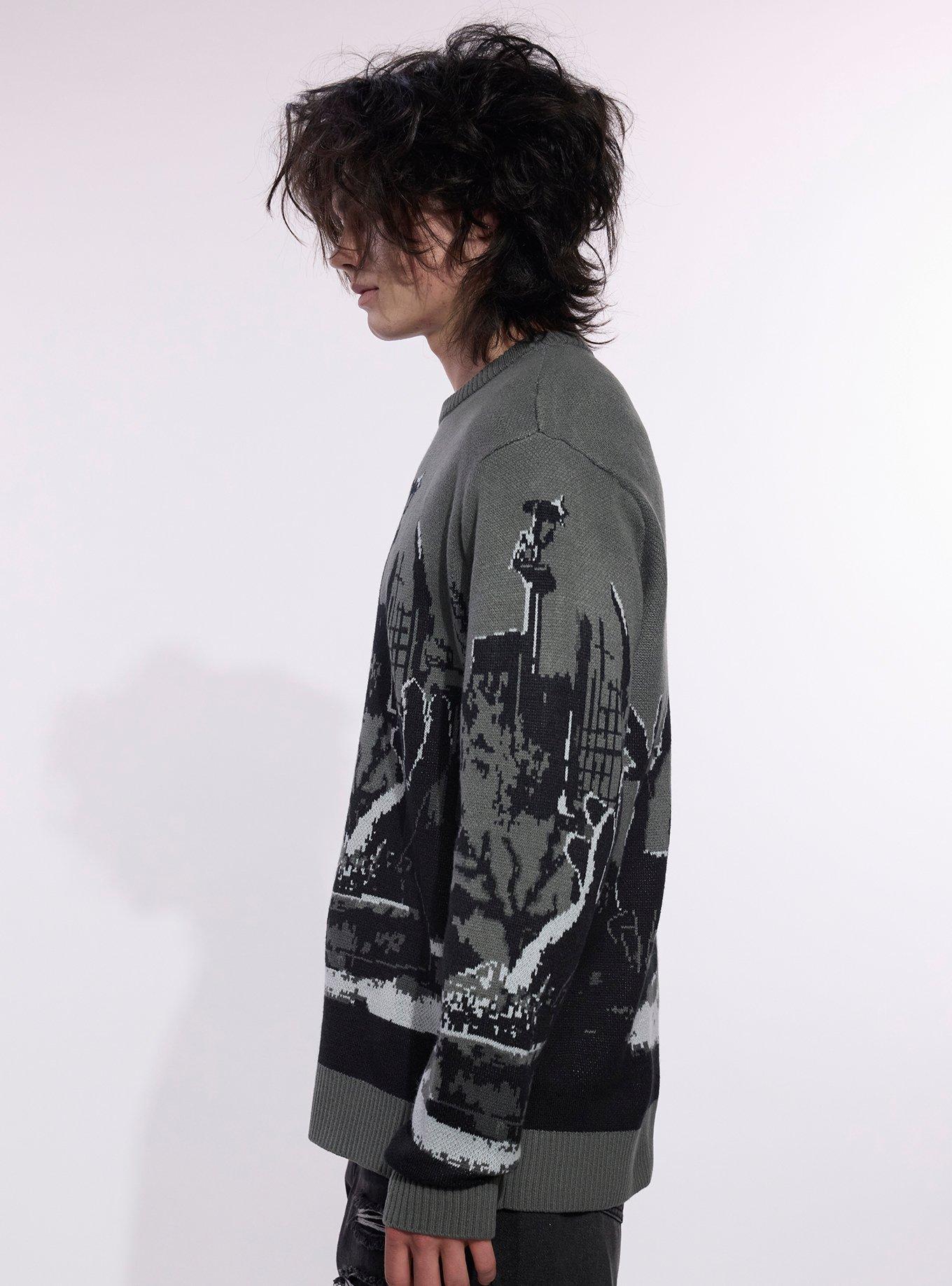 Our Universe Edward Scissorhands Courtyard Scene Intarsia Sweater, GREY  BLACK, alternate