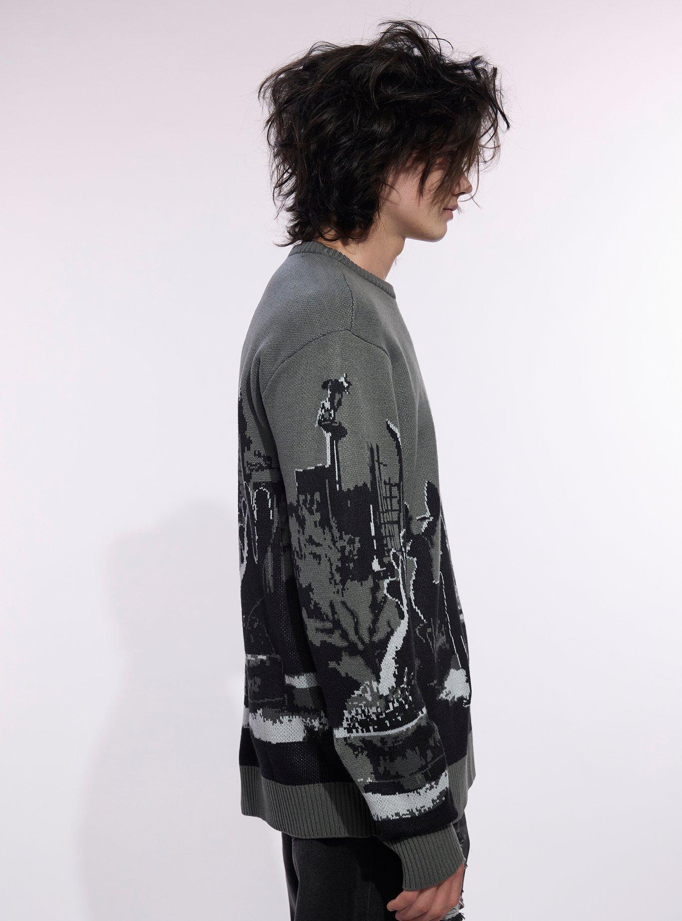 Our Universe Edward Scissorhands Courtyard Scene Intarsia Sweater, GREY  BLACK, alternate