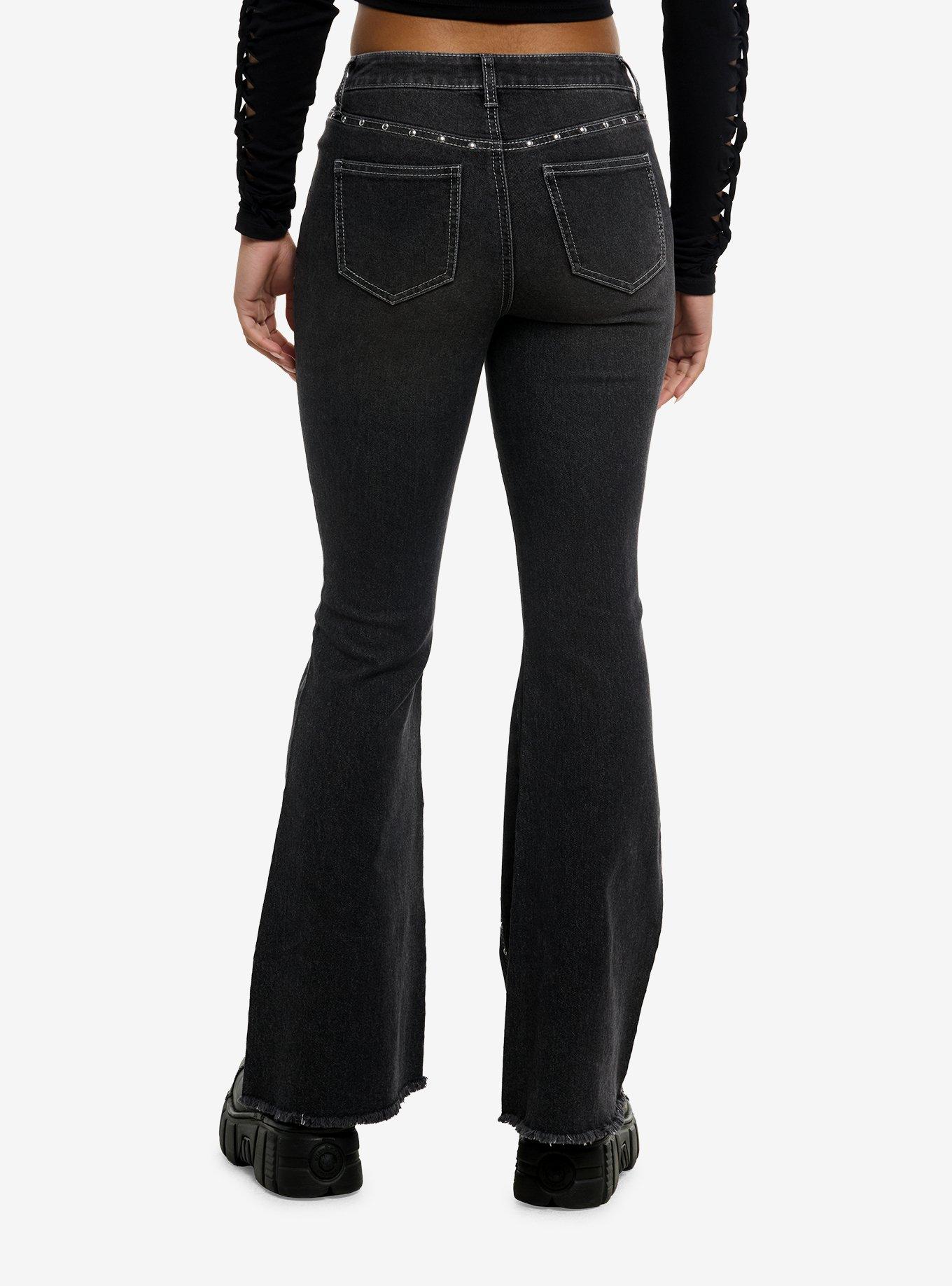 Black Stud Flare Jeans With Bear Plush, , hi-res