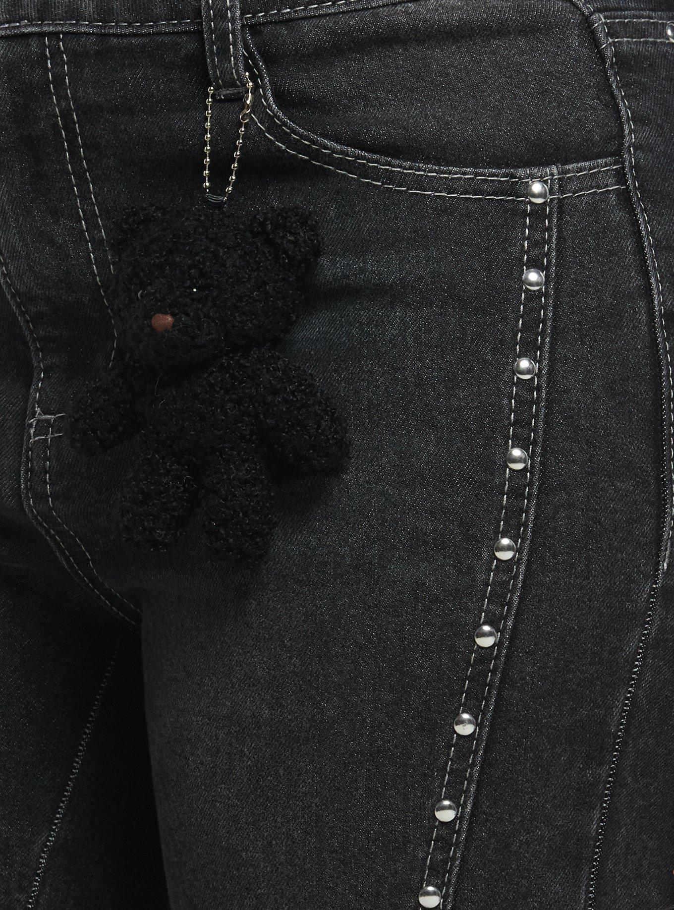 Black Stud Flare Jeans With Bear Plush, BLACK, alternate