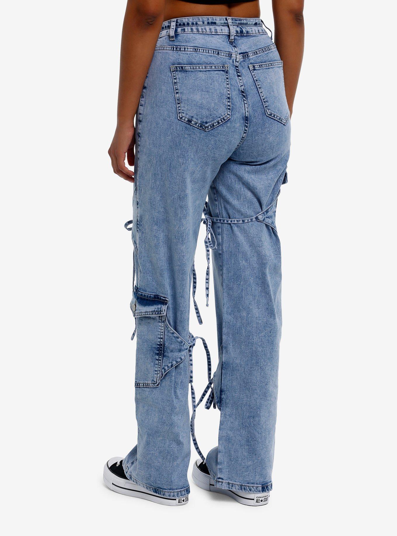Light Indigo Acid Wash Cargo Jeans With Bows, , hi-res