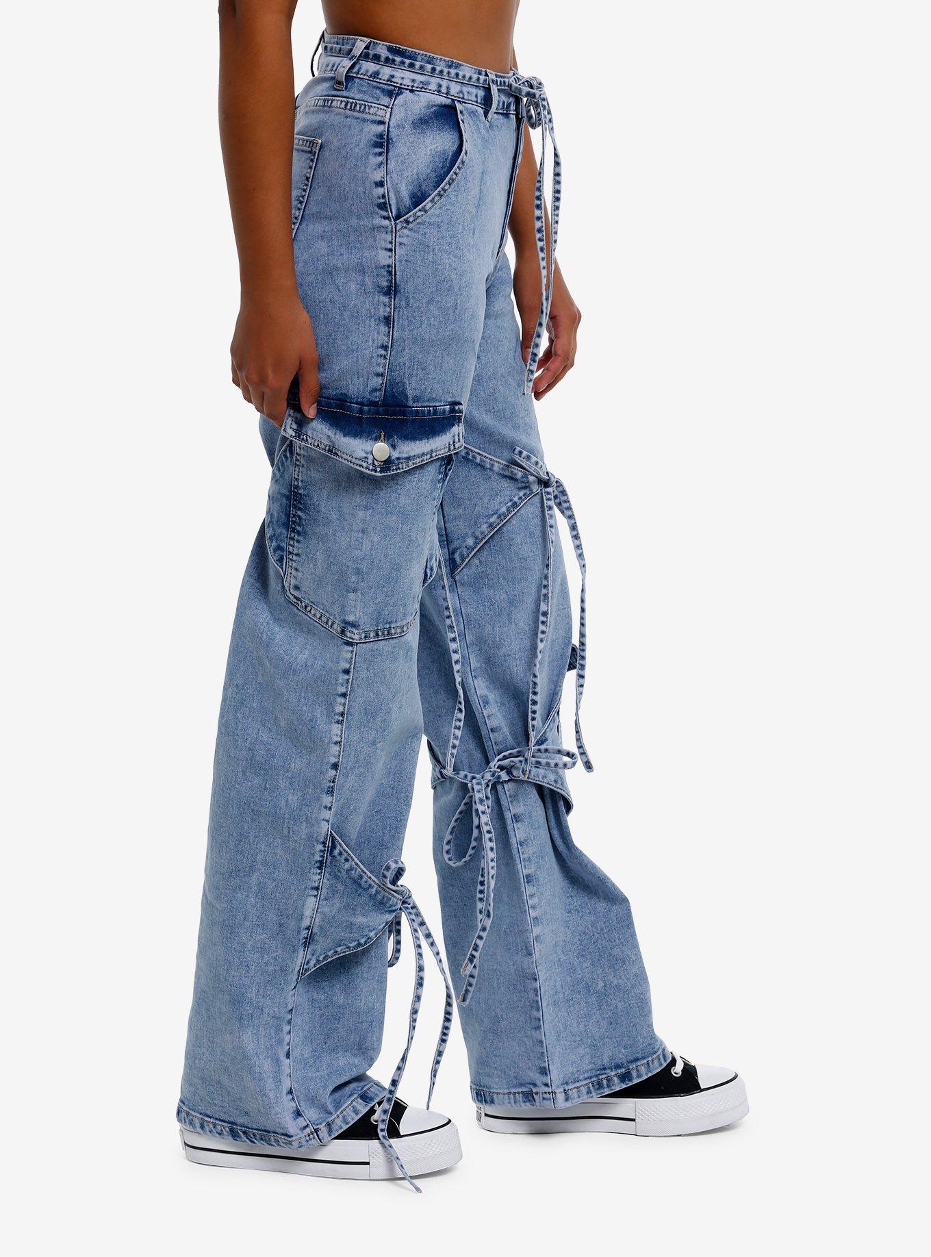 Light Indigo Acid Wash Cargo Jeans With Bows, BLUE, alternate