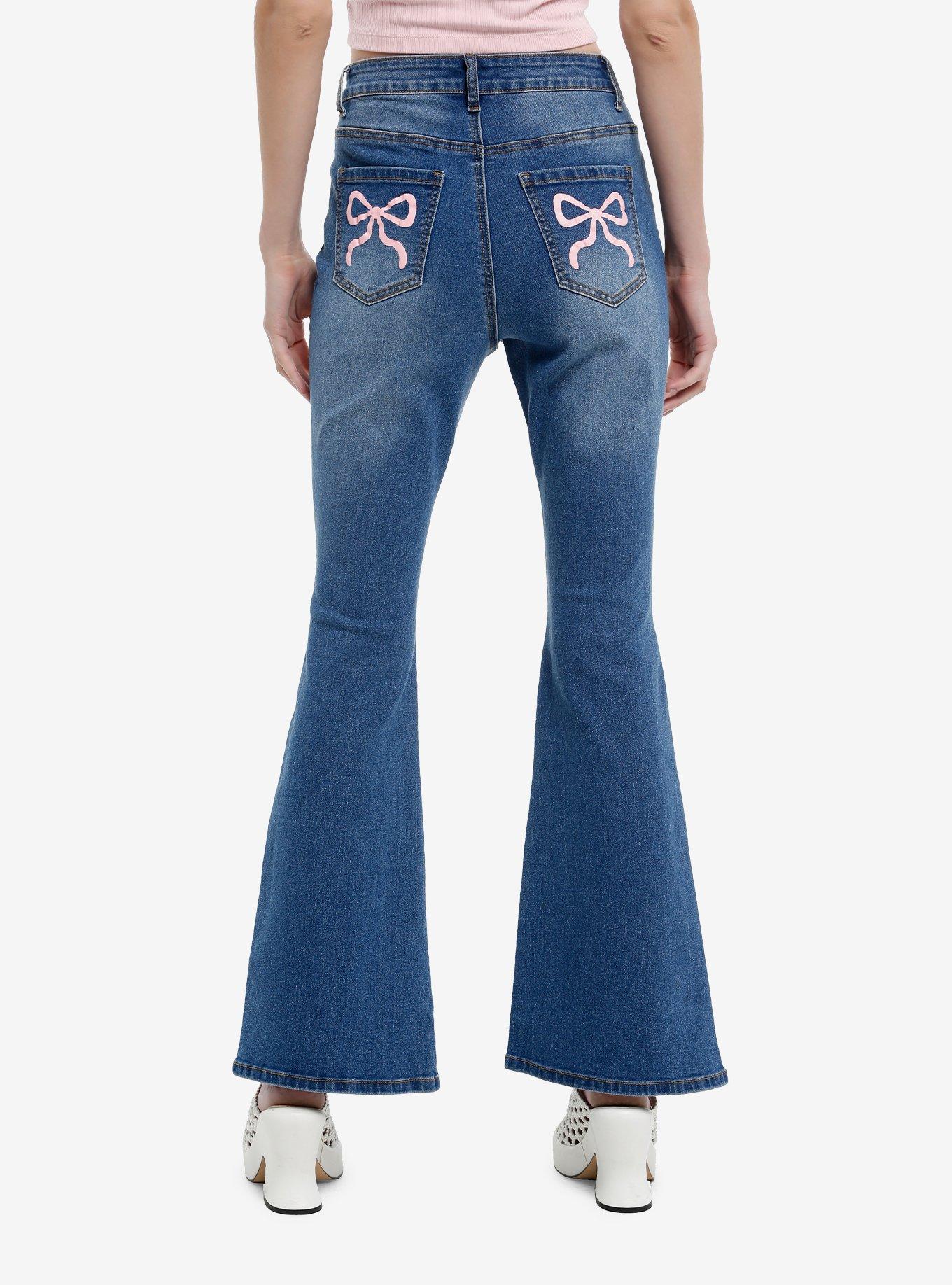 Indigo Pink Bows & Rhinestone Stars Flare Jeans, , hi-res