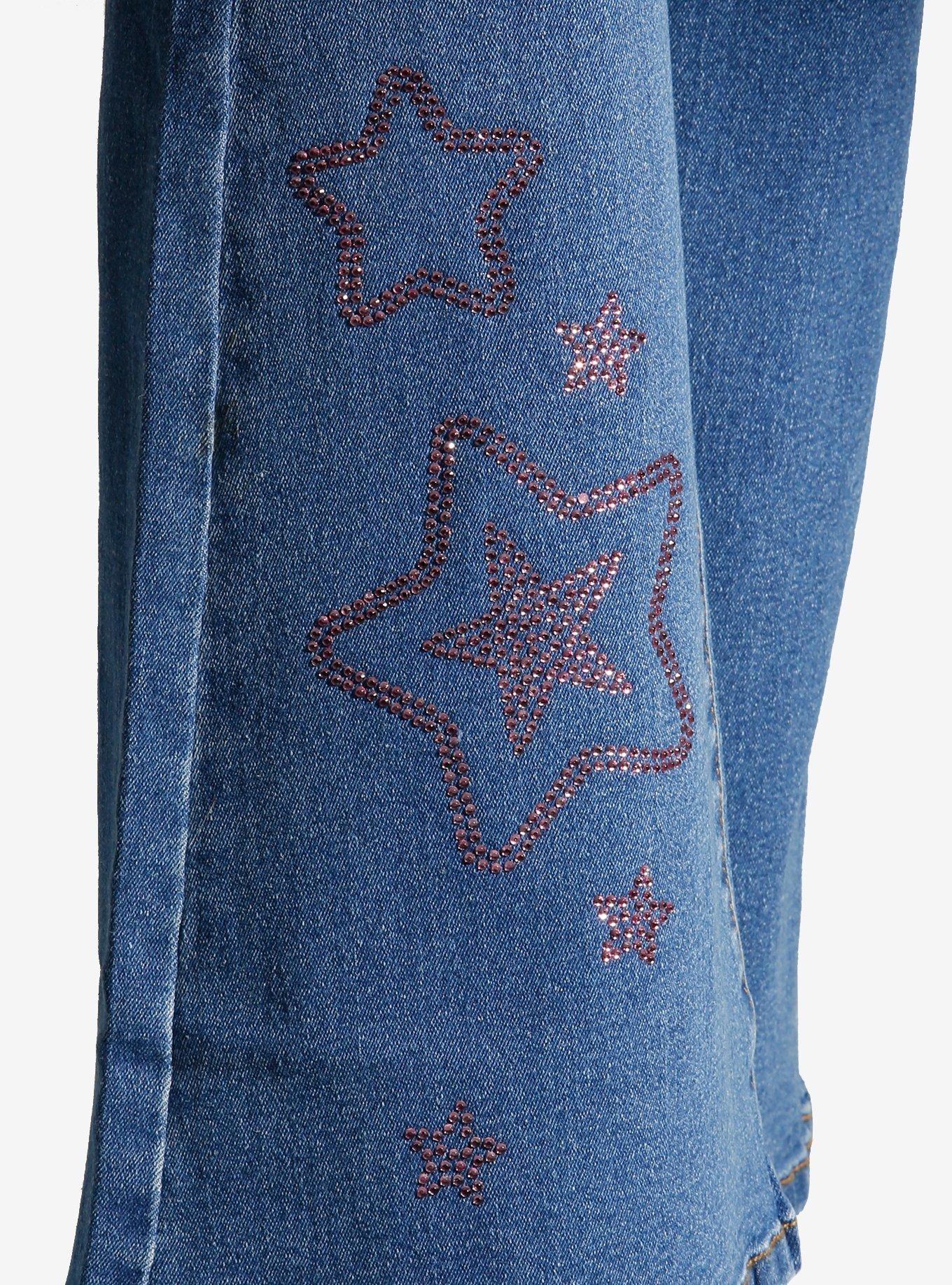Indigo Pink Bows & Rhinestone Stars Flare Jeans, PINK, alternate
