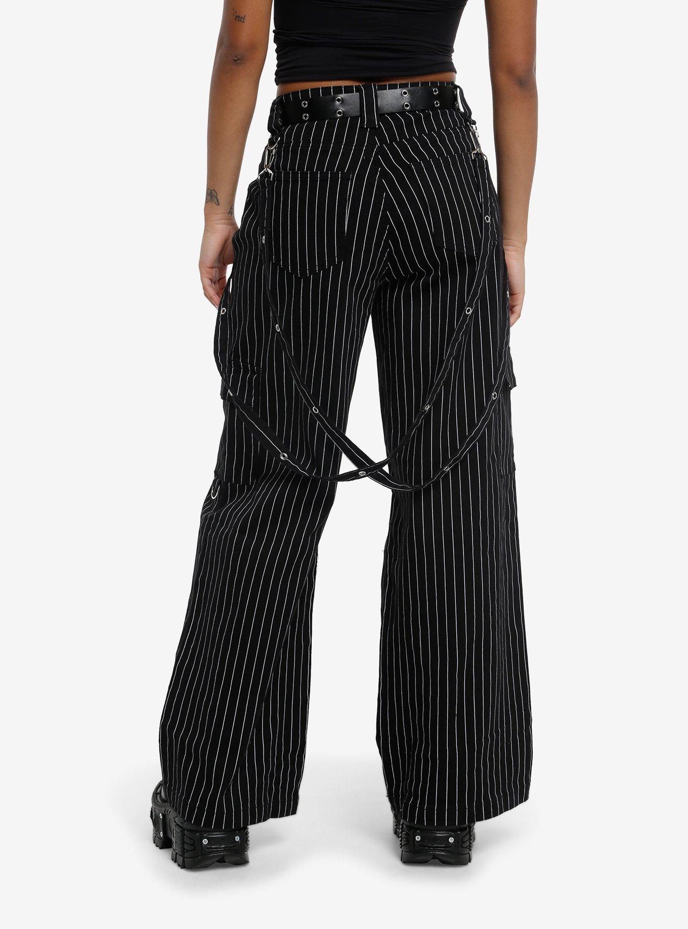 Black & White Pinstripe Grommet Suspender Pants With Belt, , hi-res