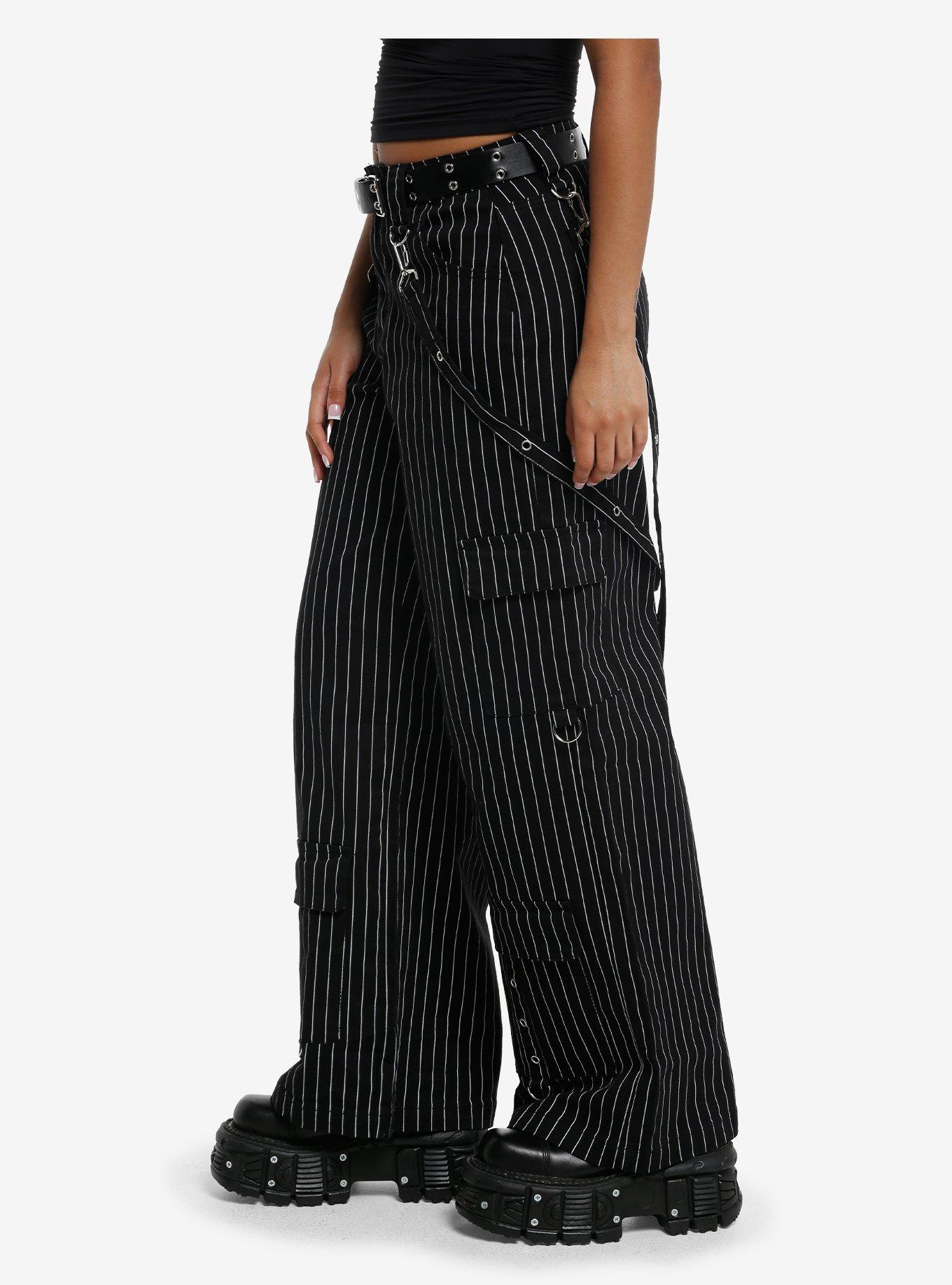 Black & White Pinstripe Grommet Suspender Pants With Belt, , alternate
