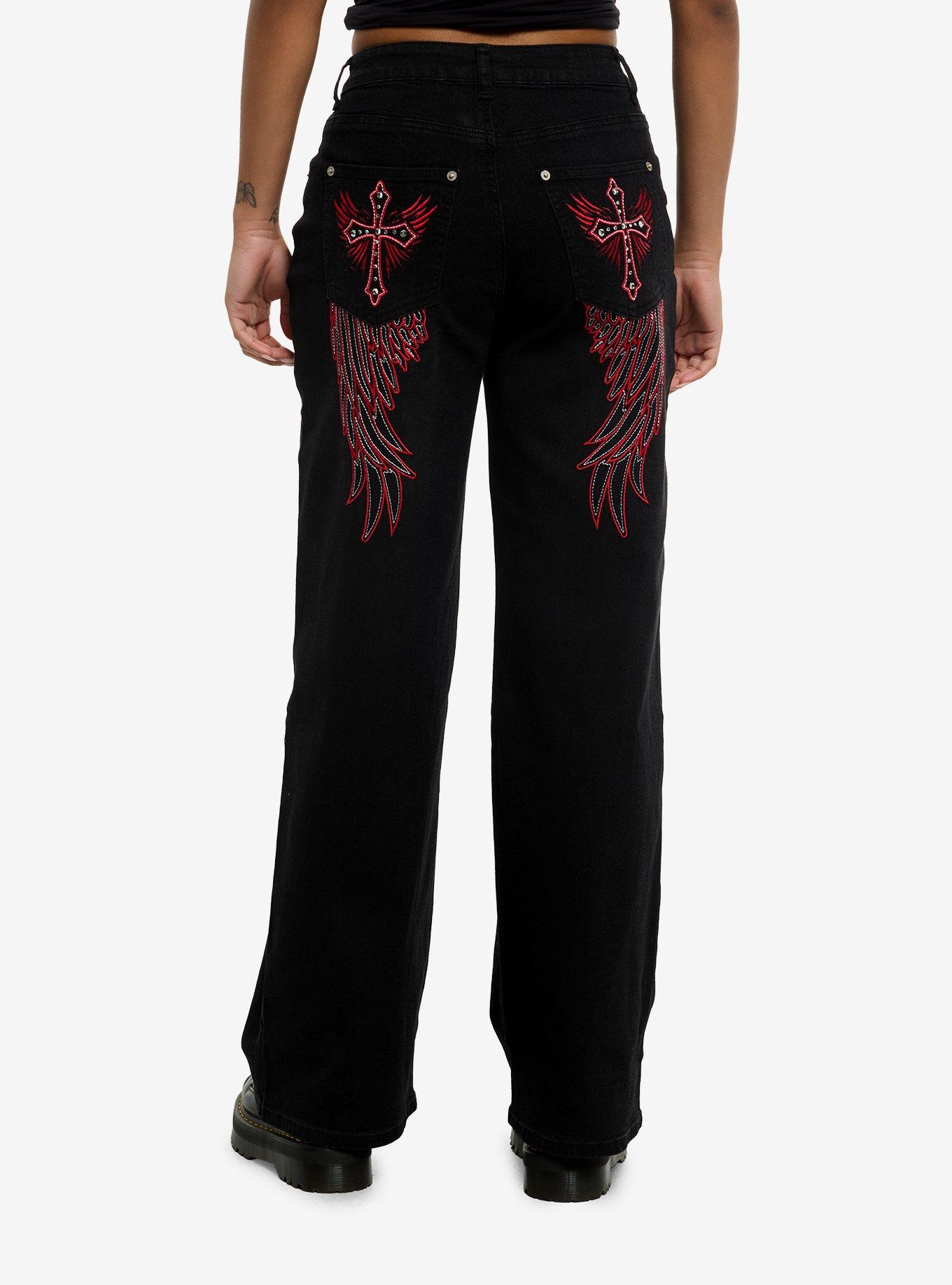 Black Red Bling Cross Wing Wide Leg Jeans, RED, alternate