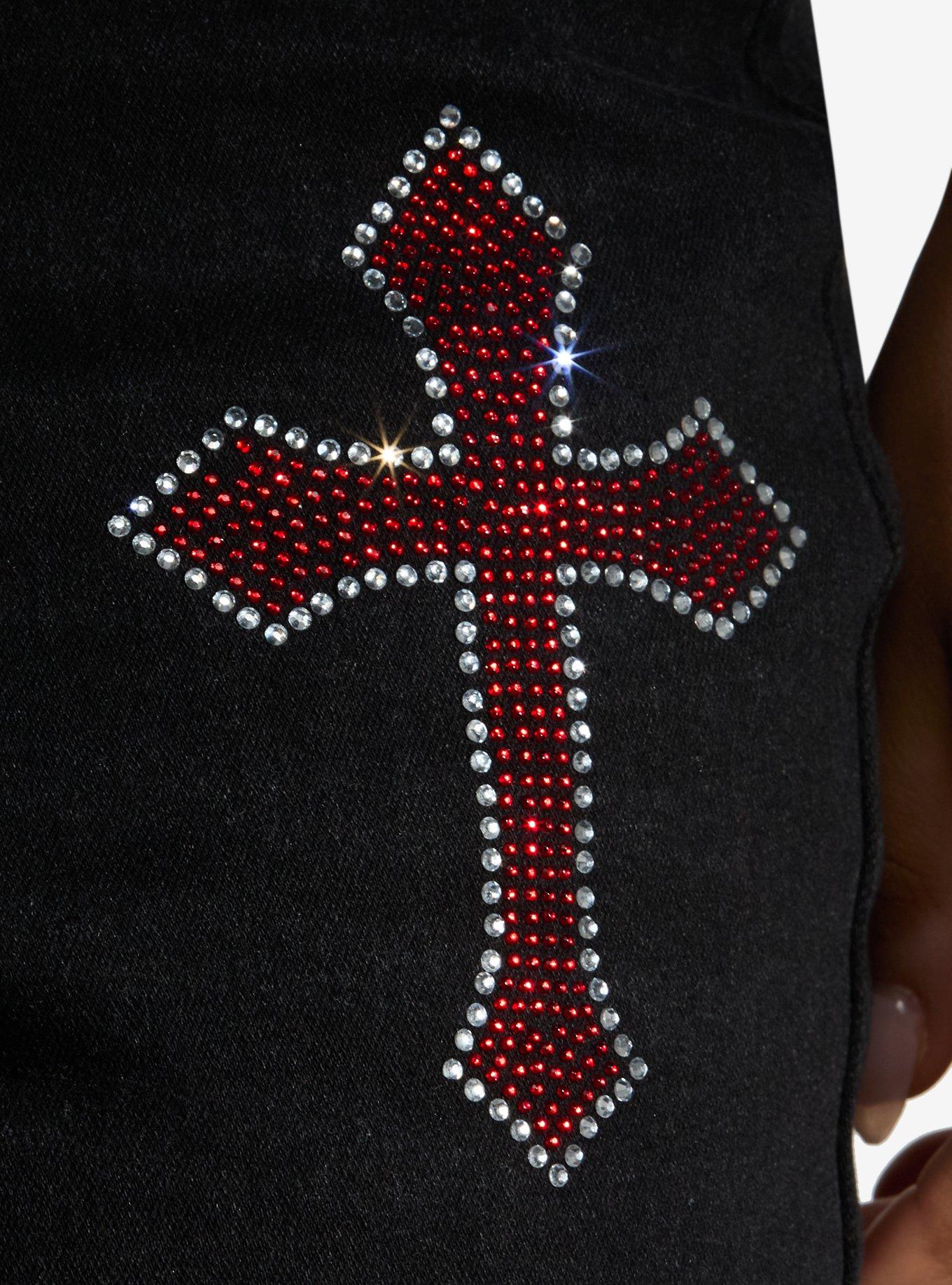 Black Red Bling Cross Wing Wide Leg Jeans, RED, alternate