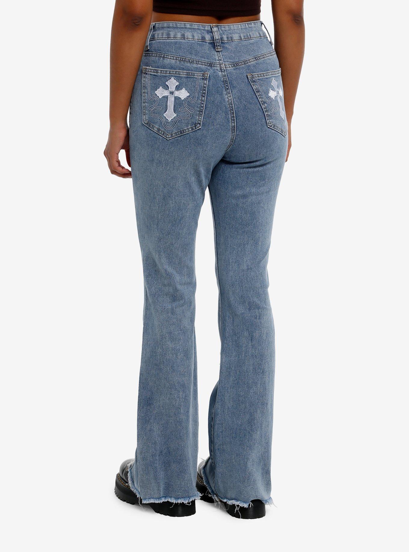 Light Indigo Front Frayed Seam Belted Flare Jeans, , hi-res