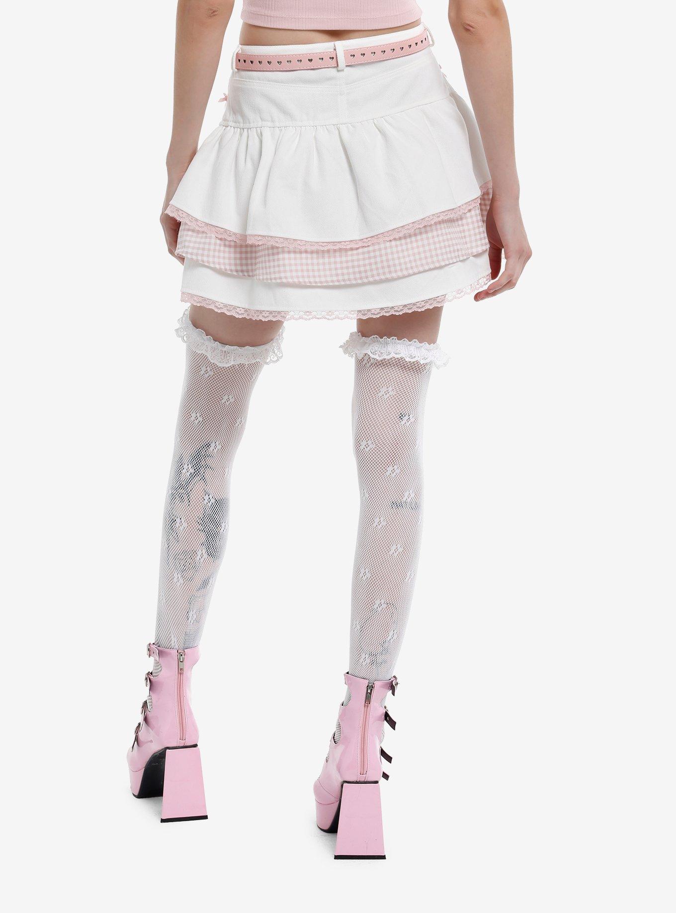 Sweet Society White Denim & Pink Lace Ruffle Belted Mini Skirt, , hi-res
