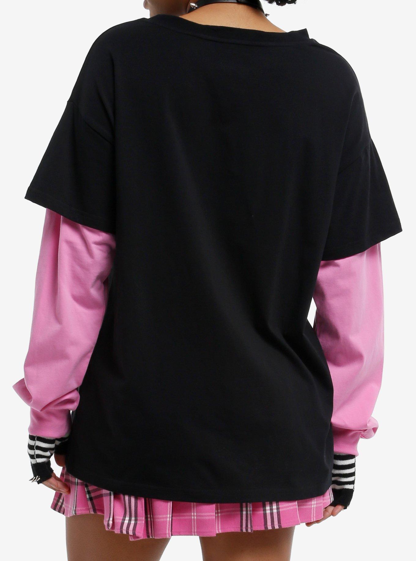 Avril Lavigne Pink Skull Long-Sleeve Twofer, BLACK, alternate