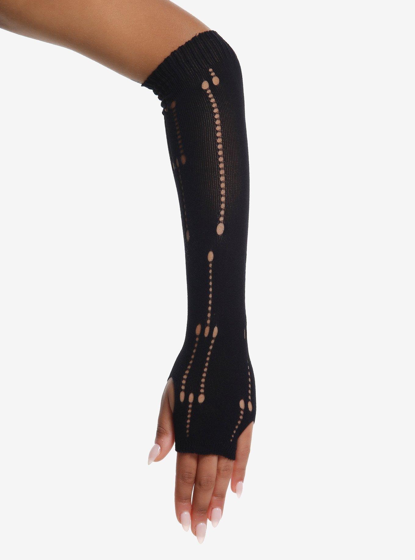 Black Distressed Mesh Arm Warmers, , alternate