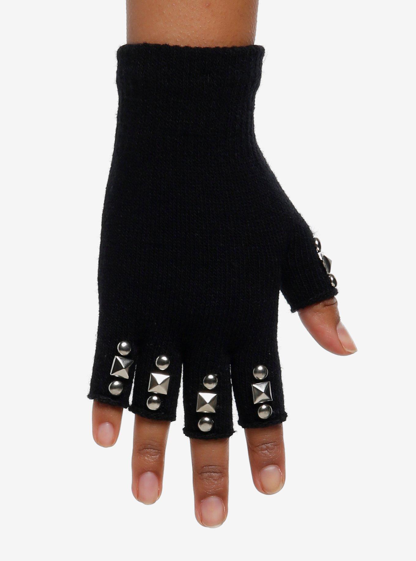 Black Studded Fingerless Gloves, , hi-res