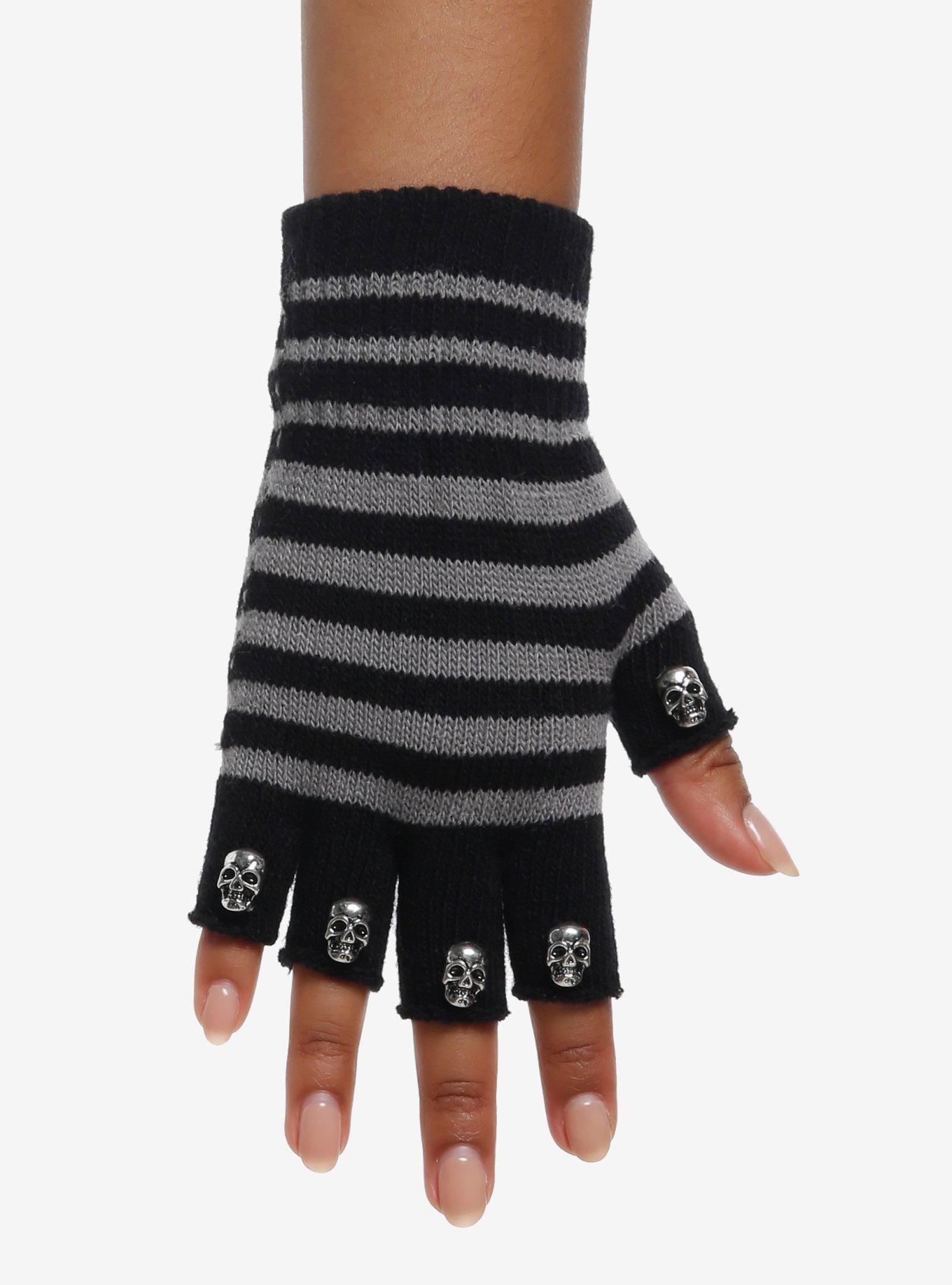 Grey & Black Skull Enamel Fingerless Gloves, , hi-res