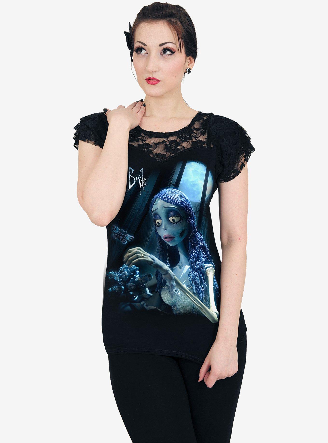 Corpse Bride (Glow In The Dark) Lace Layered Cap Sleeve Top, BLACK, alternate