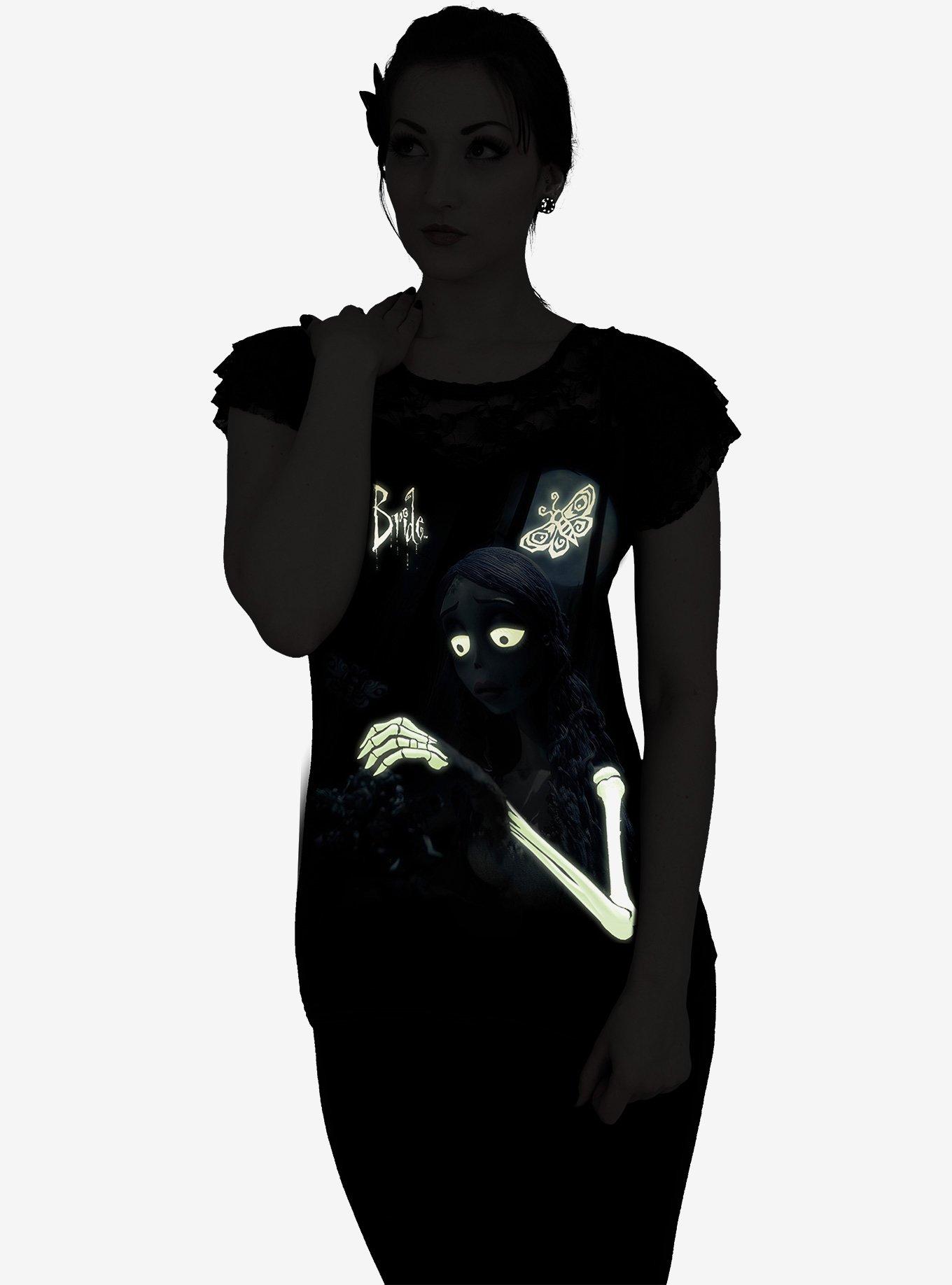 Corpse Bride (Glow In The Dark) Lace Layered Cap Sleeve Top, BLACK, alternate