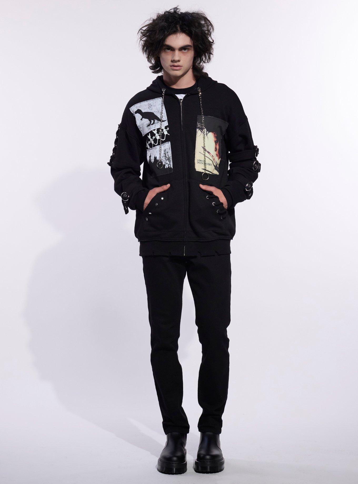 Our Universe Edward Scissorhands Patches Grommet Strap Hoodie, BLACK, alternate