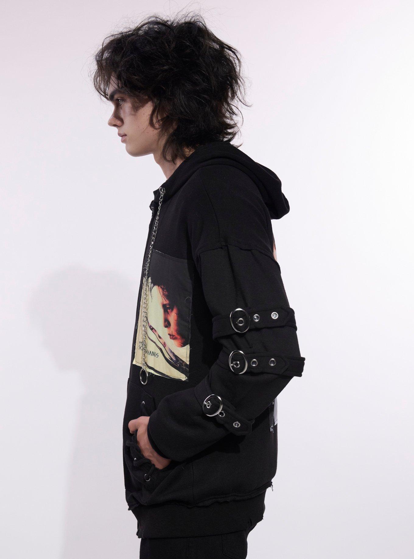Our Universe Edward Scissorhands Patches Grommet Strap Hoodie, BLACK, alternate