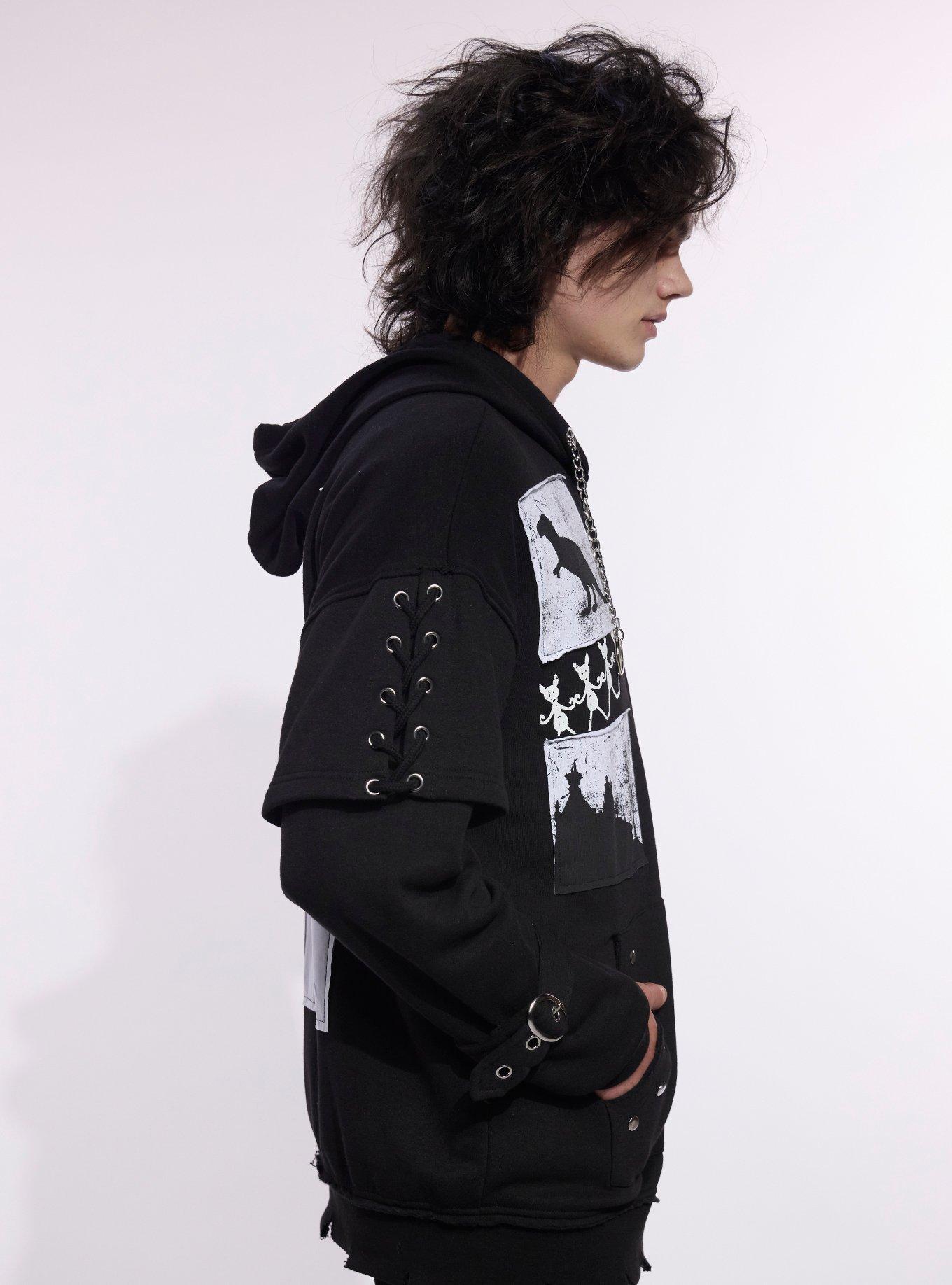 Our Universe Edward Scissorhands Patches Grommet Strap Hoodie, BLACK, alternate