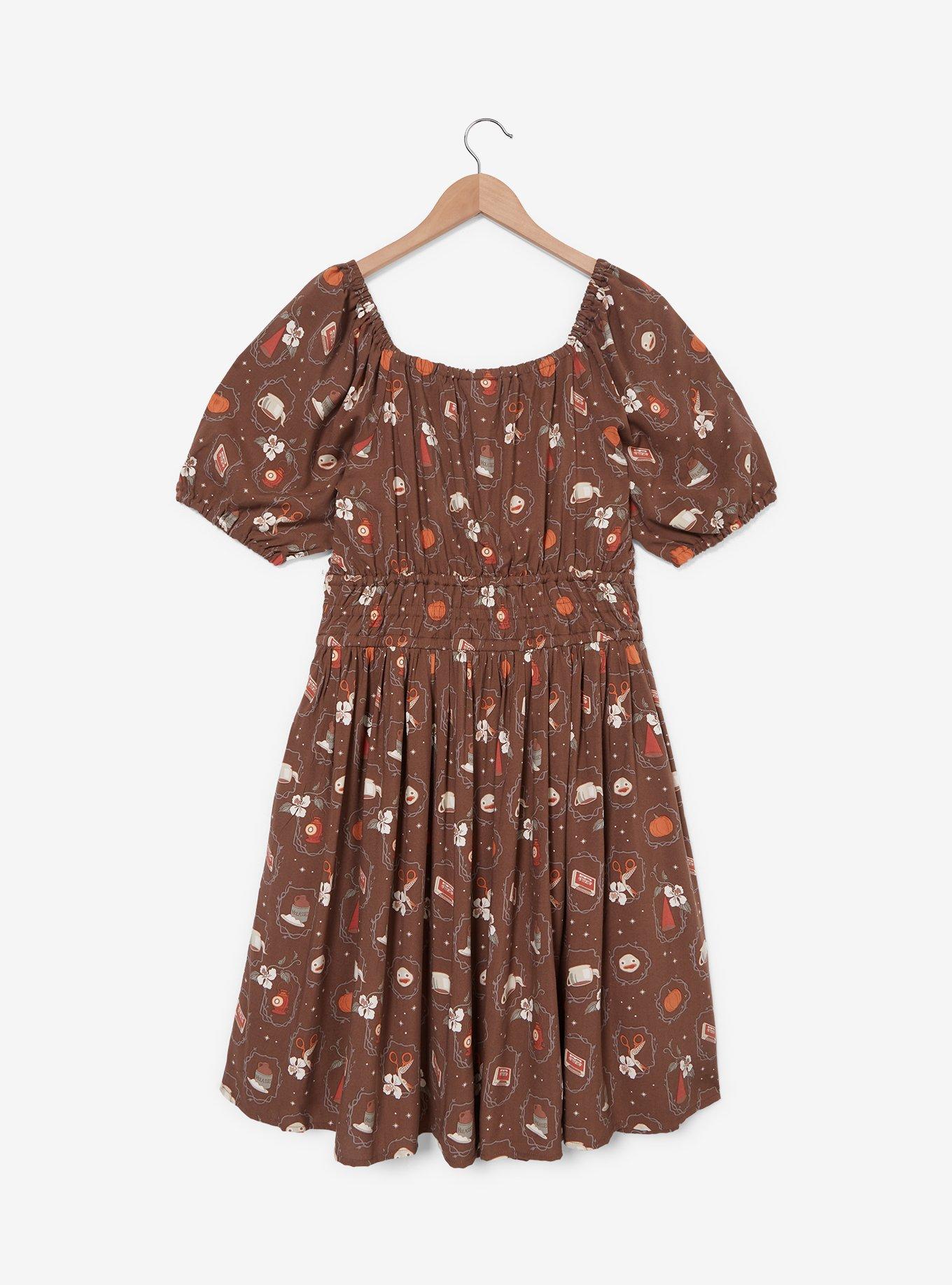 Over the Garden Wall Floral Icons Allover Print Plus Size Smock Dress, BROWN  LIGHT BROWN, alternate