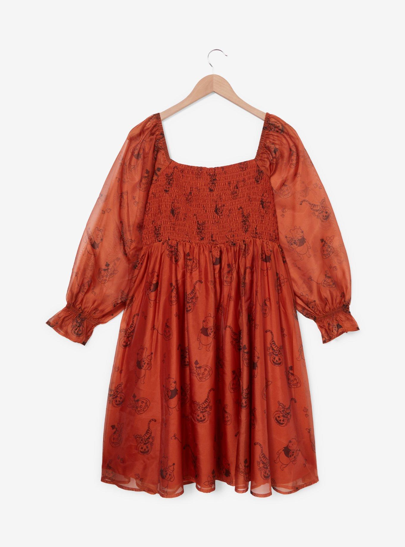 Disney Winnie the Pooh Halloween Allover Print Long Sleeve Plus Size Dress - BoxLunch Exclusive, RUST, alternate