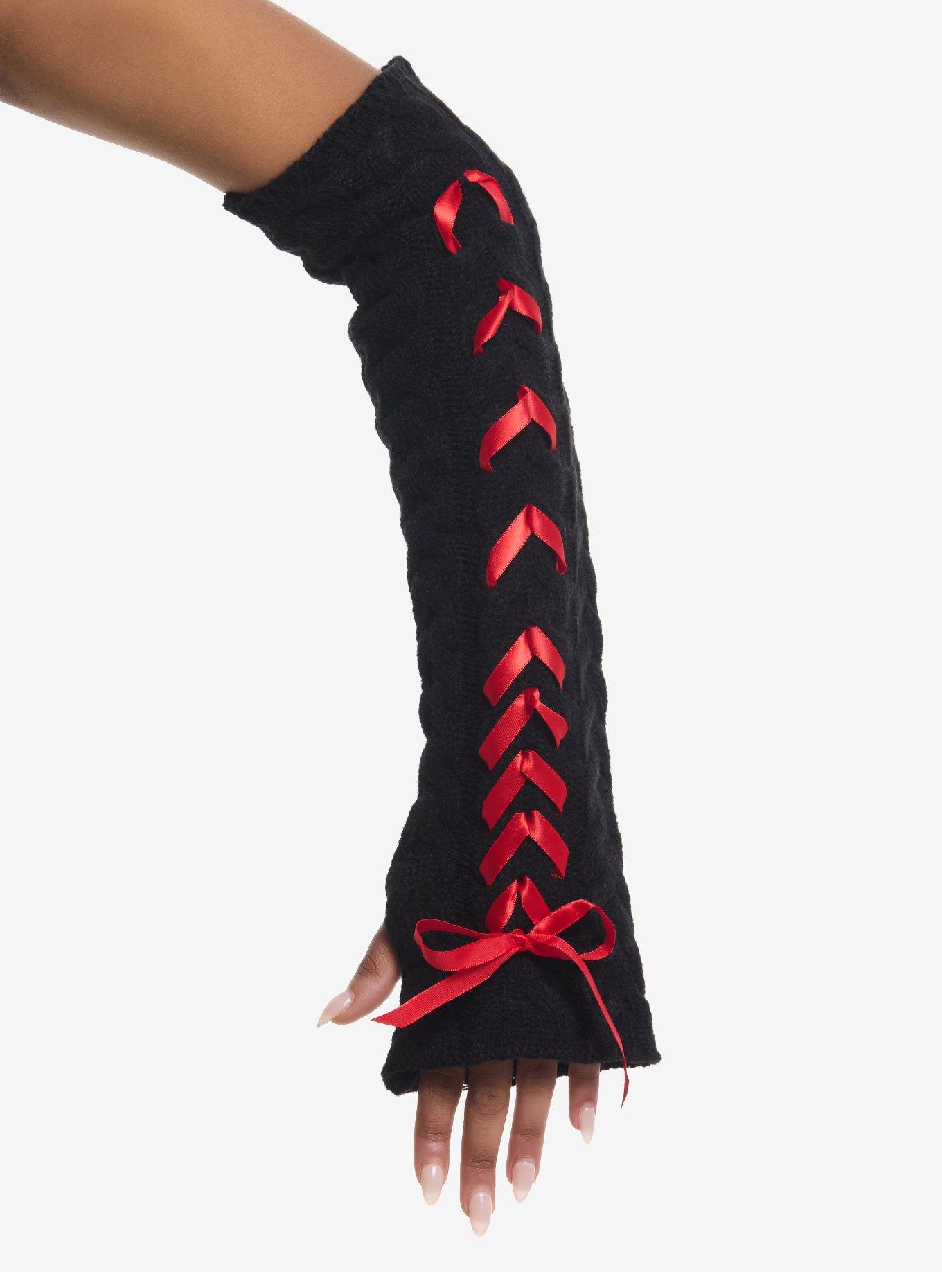 Black & Red Lace-Up Knit Arm Warmers, , hi-res