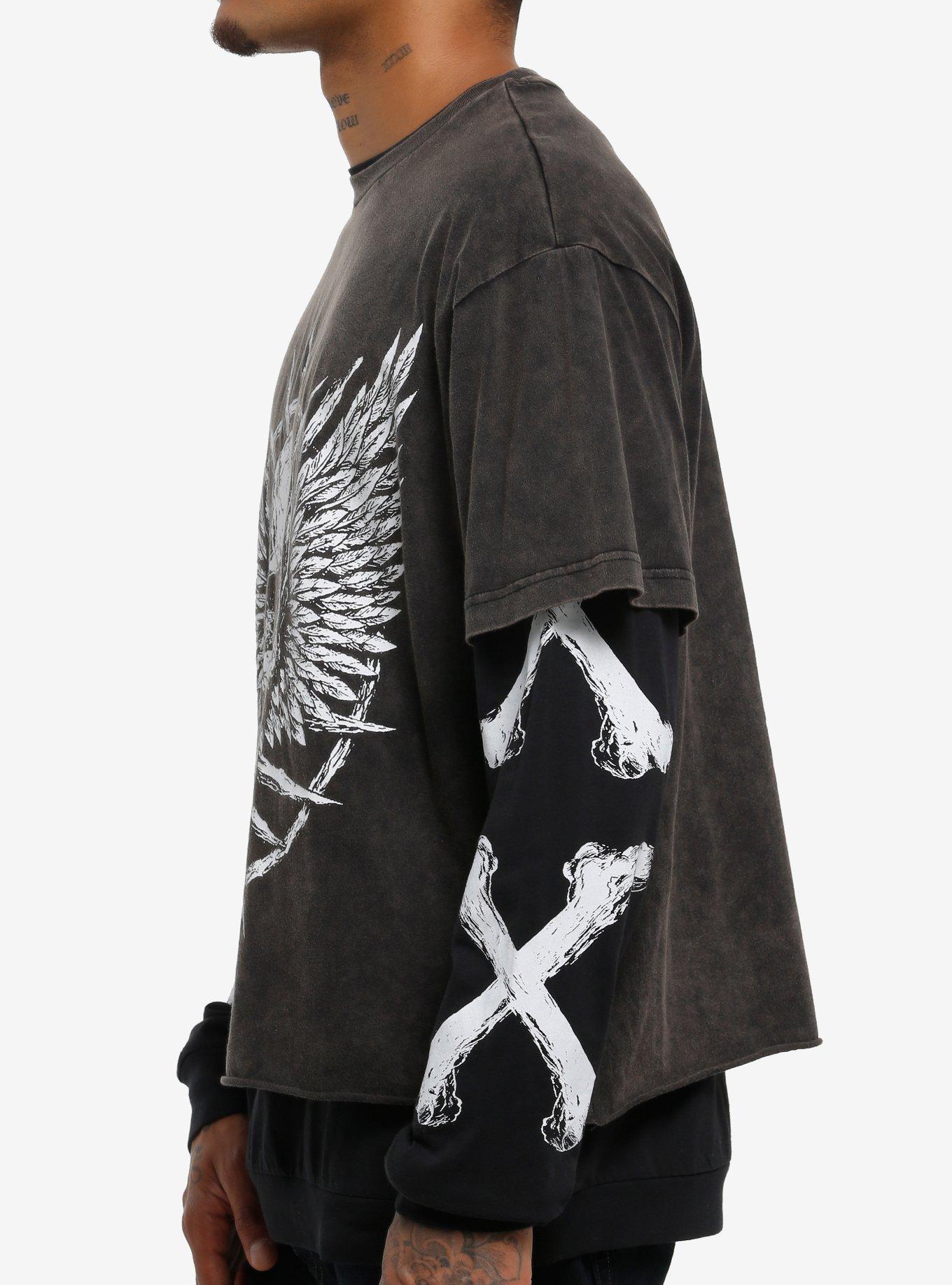 Winged Skull & Bones Twofer Long-Sleeve T-Shirt, BLACK, alternate