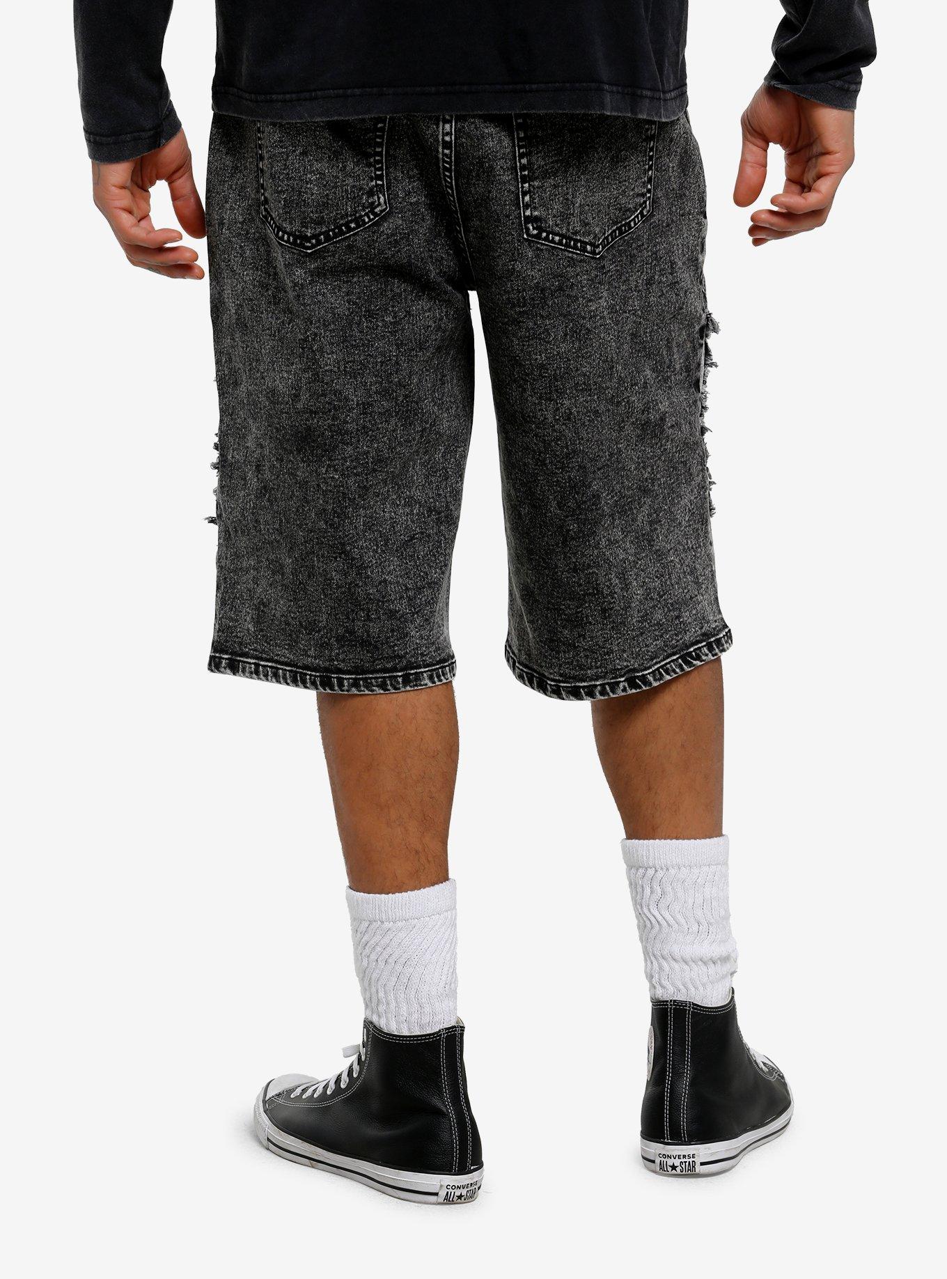 Black & Grey Acid Wash Frayed Paneled Denim Shorts, , hi-res