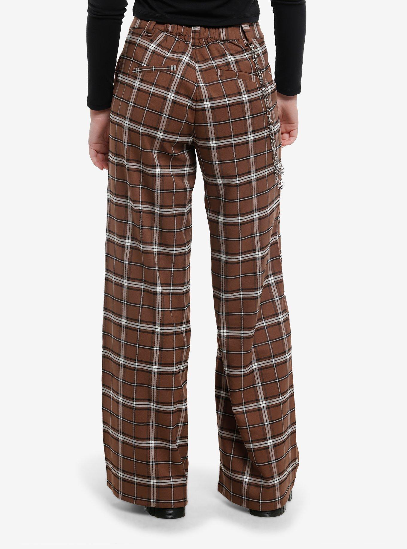Brown Plaid Wide Leg Girls Trousers With Frog Pouch, , hi-res