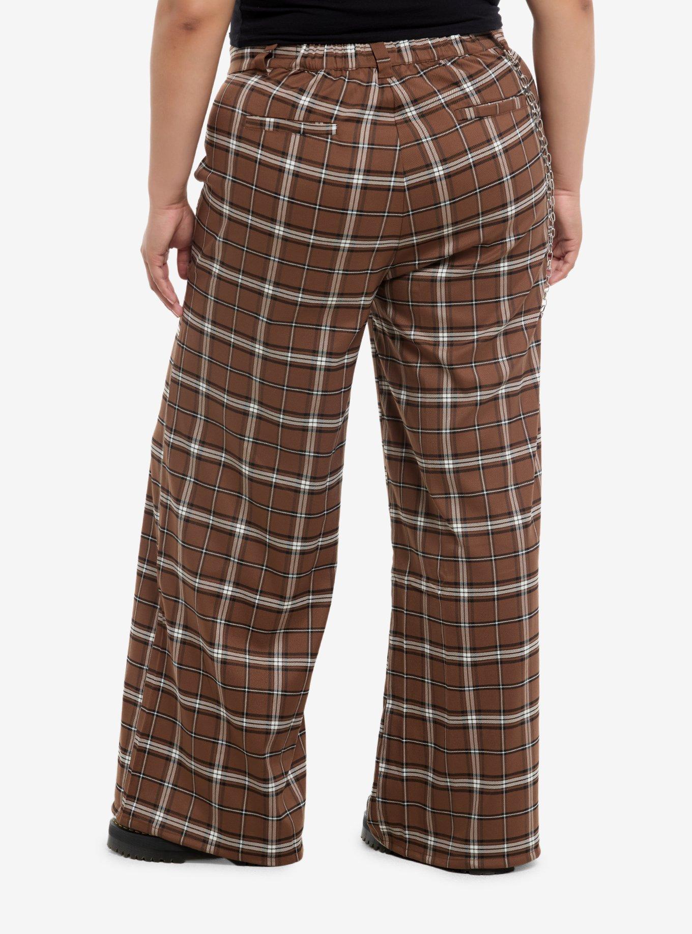 Brown Plaid Wide Leg Girls Trousers With Frog Pouch Plus Size, , hi-res