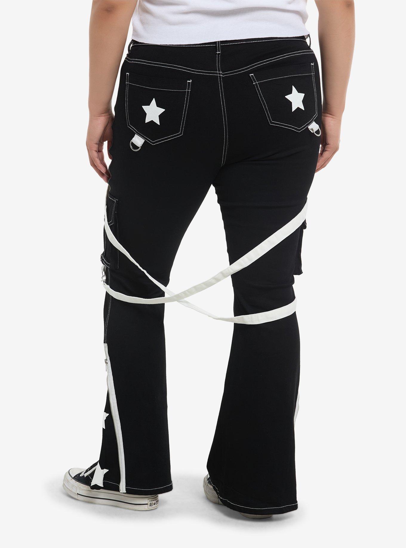 White Star Suspender Flare Denim Pants Plus Size, , hi-res